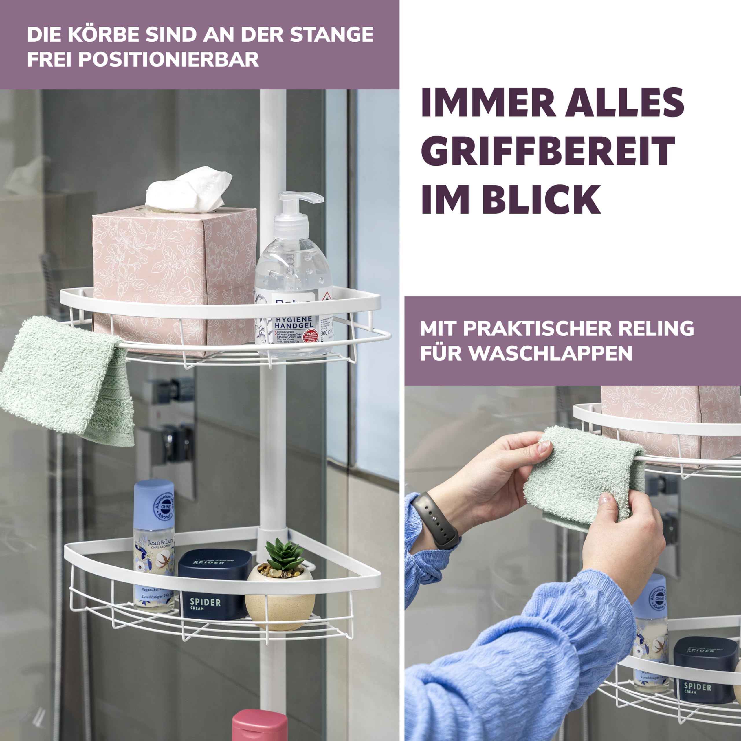 bremermann Teleskop-Eckregal, 4 Körbe, Teleskop-Stange bis max. ca. 290 cm (Weiß)