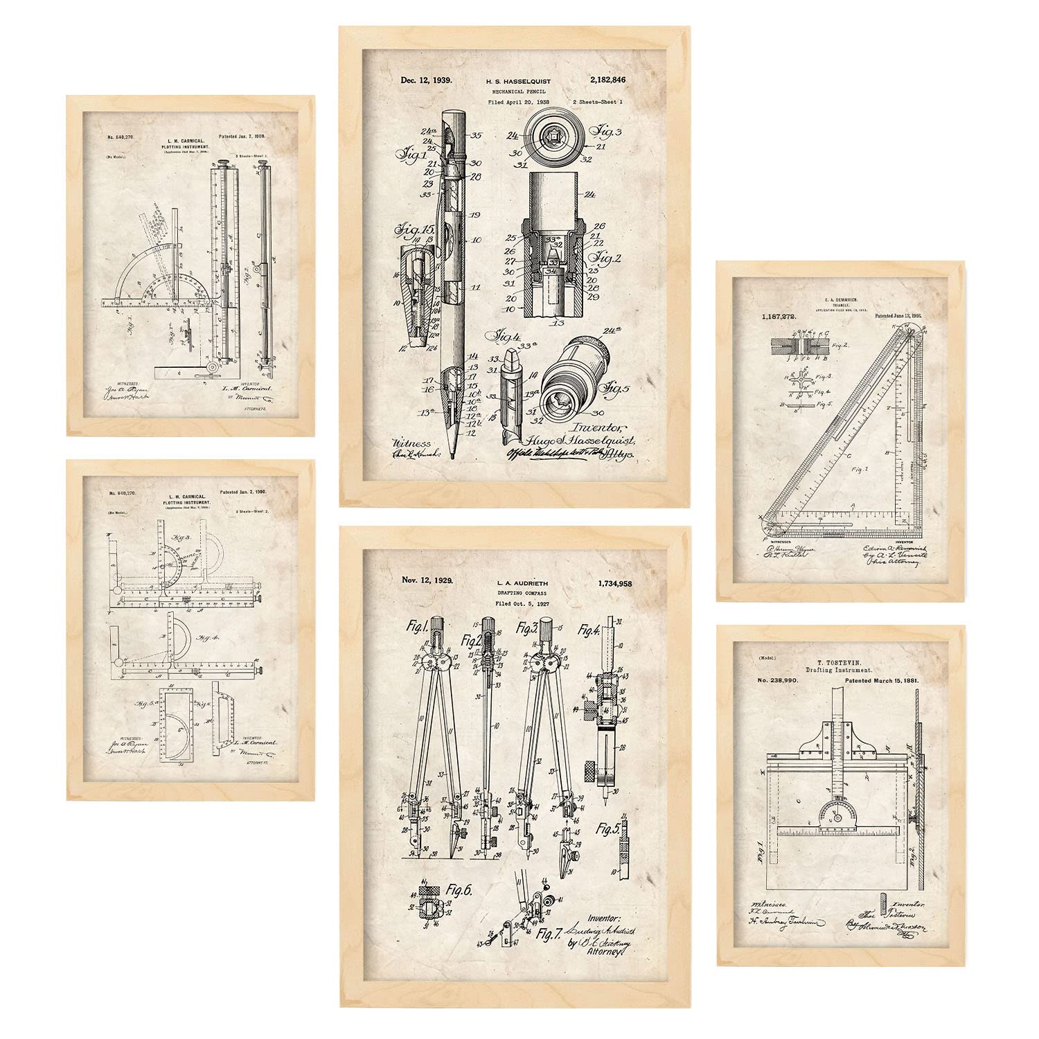 Nacnic Set of 6 Measurement Tool patent prints. Posters with retro patent illustrations for your home, shop, office... Vintage style interior decoration. A4 and A3 sizes. No frame.