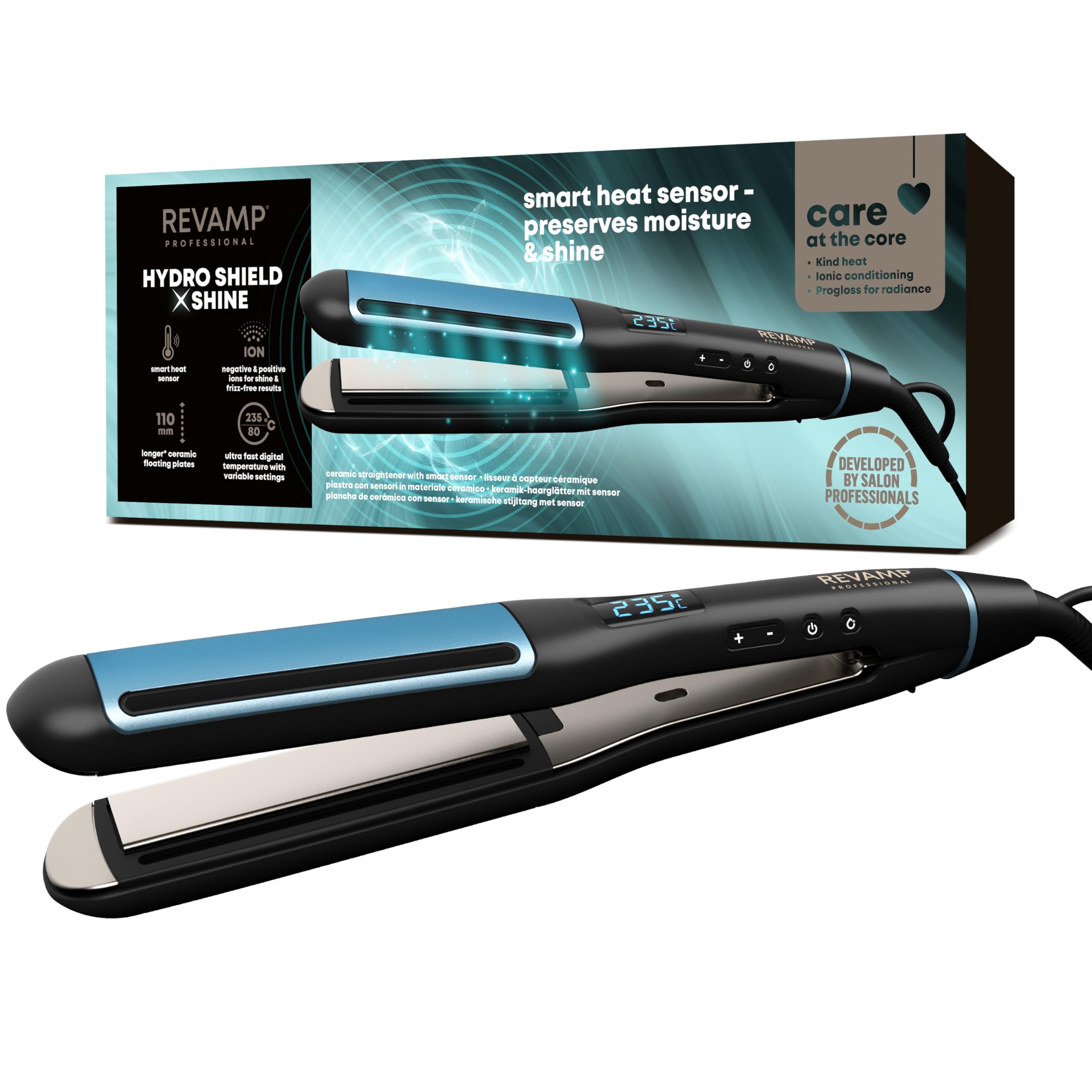 REVAMP Hydro Shield X Shine Lisseur Céramique – Fer à Lisser à Plaques Larges pour Cheveux Longs et Épais, Lissage et Boucles – Chauffe Ultra Rapide, Lisseur Professionnel de Salon