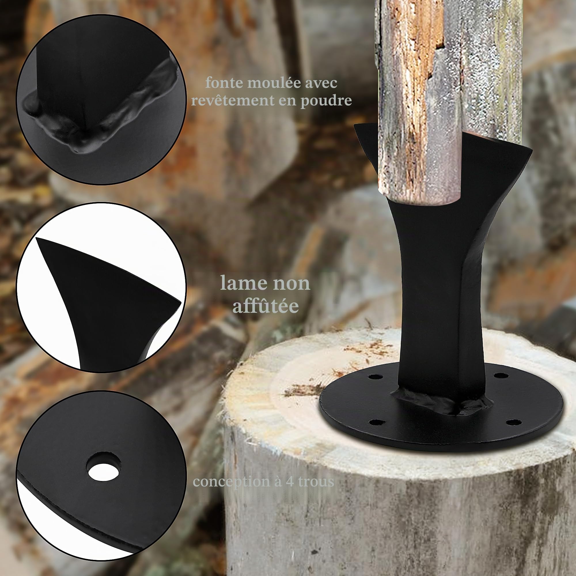 Cale de fendeur de bûches manuelle pour petit bois, cale à bois en acier, noir, avec 4 trous et vis d'installation