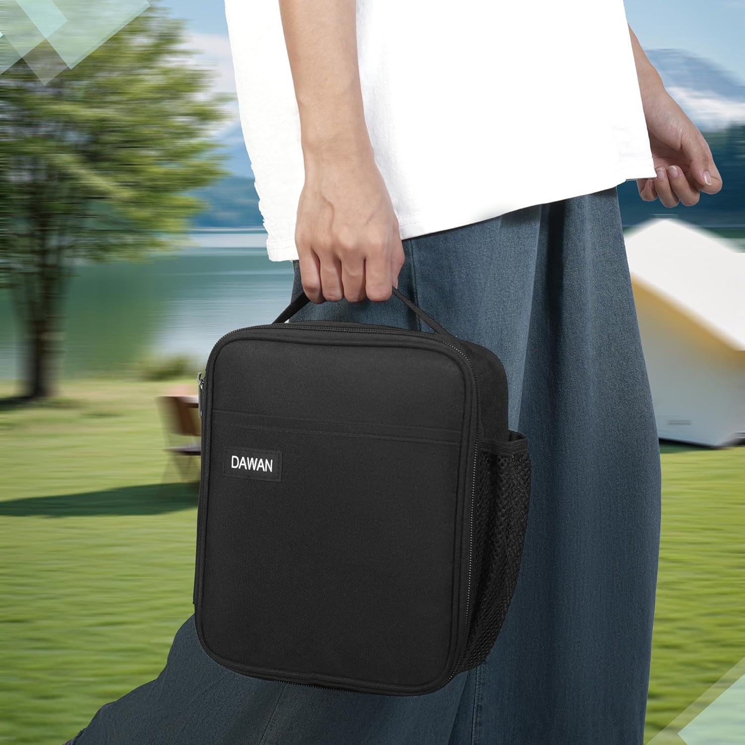 DAWAN freezable Insulated lunch bag,Built in detachable ice pack, Black, Insulated Cooler Tote with Handle for men or women, Keeps food cold or hot 8 to 10 hours, Meal Prep for Work Picnic golf