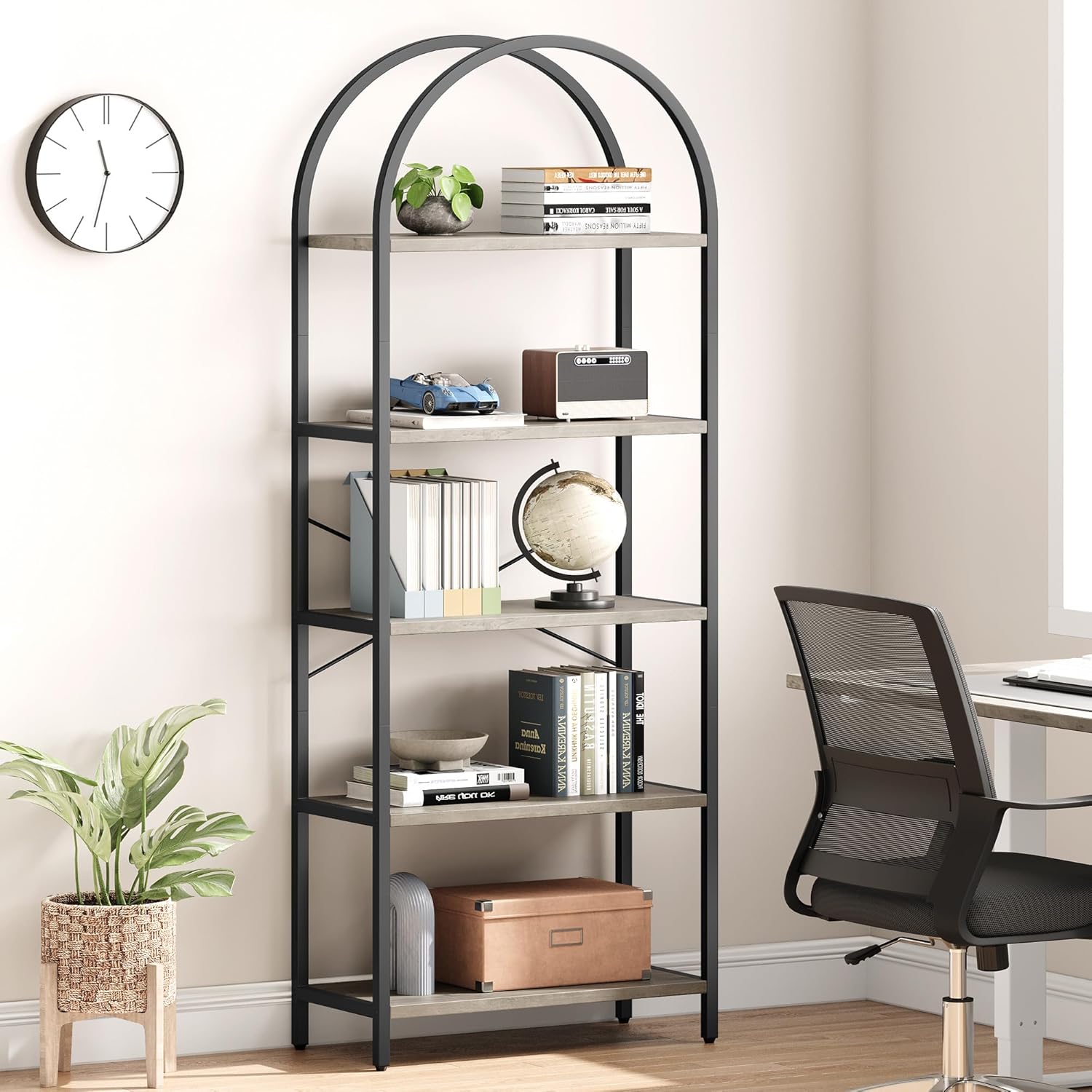 IDEALHOUSE Bookshelf 5 Tier Bookcase Arched Display Racks Tall Standing Bookshelves Metal Frame Modern Storage Rack Shelf Large Wood Book Shelf for Bedroom, Living Room, Home Office (Grey)