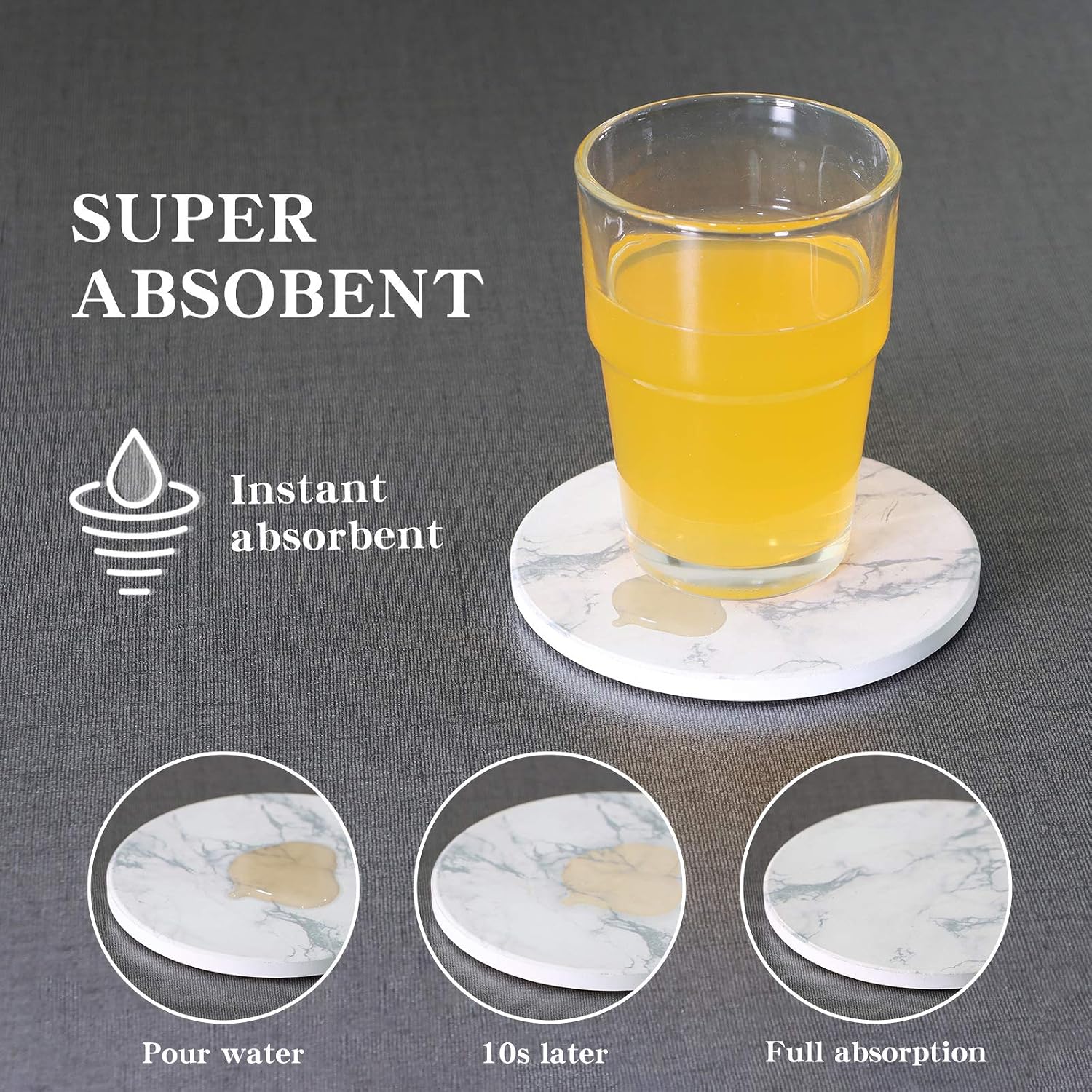 Coasters for Drinks, Absorbent Marble Coasters with Holder, White Ceramic Coasters Set with Cork Base, Modern Stone Coasters for Wooden Table, Suitable for Housewarming Presents, Home Decor, Set of 6