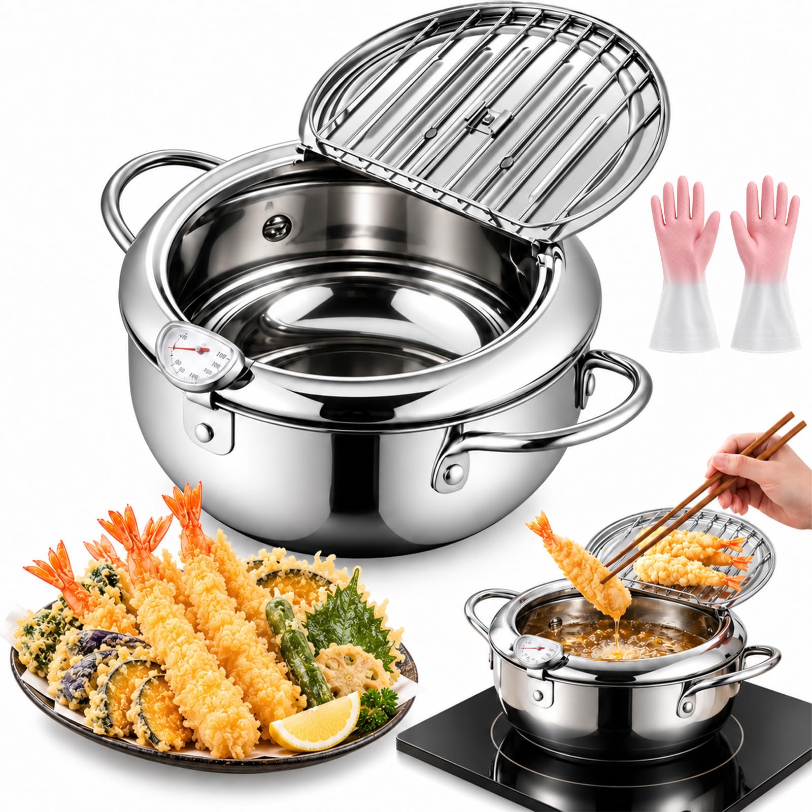 Deep Fryer Pot, Stainless Steel Tempura Frying Pot with Thermometer (7.9")