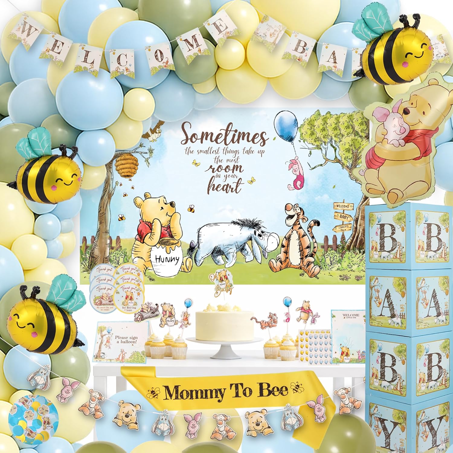 271 Pc Classic Winnie Baby Shower Decorations for Boy – All-In-1 Blue Pooh Baby Shower Balloon Arch, Vintage Pooh Bear Theme Party Decoration Kit with Backdrop, Banners, Baby Boxes, Sash & Table Décor