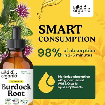 Wild & Organic Burdock Root Tincture - Antioxidant, Detox & Lymphatic Support - Burdock Root Extract Drops - Arctium Lappa Herb Supplement - Add to Tea - Vegan, Sugar & Alcohol-Free - 4 fl oz