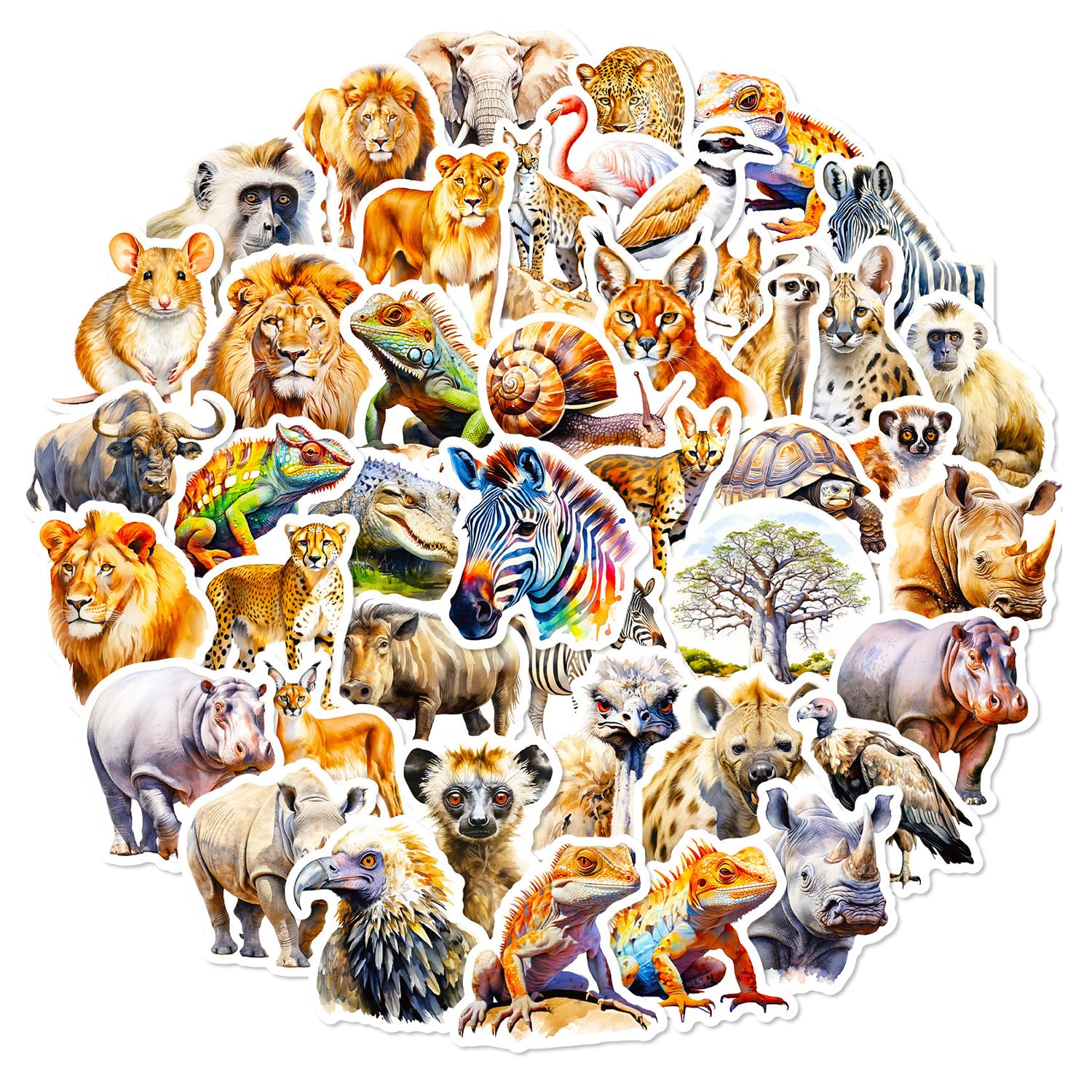 Nievajio 100 African Animal Stickers, Jungle Theme Wild Animals, Waterproof Animal Stickers For Laptop, Suitcase, Journal, Scrapbook, Fridge, Skateboard