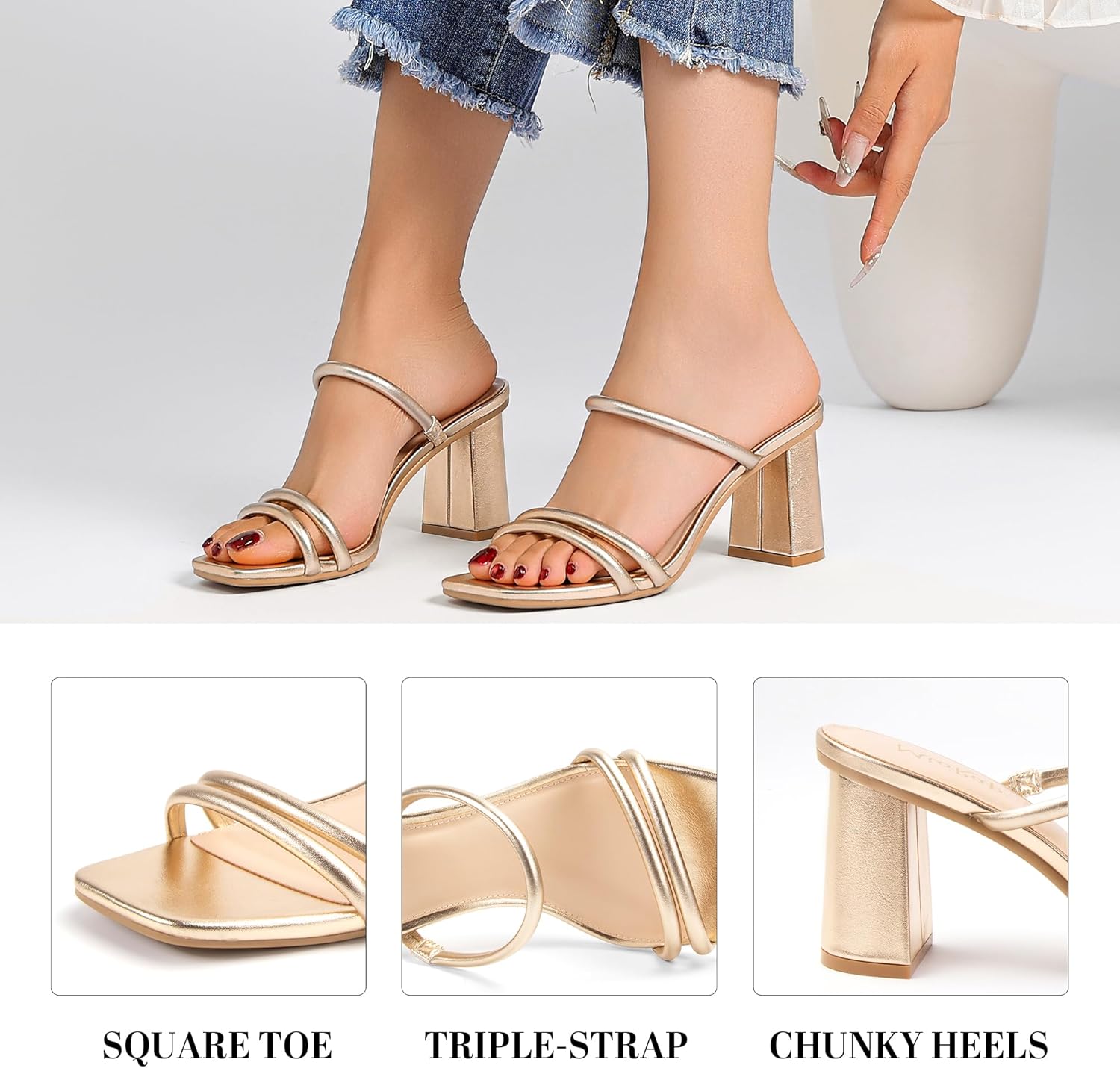 Square Open Toe Heels for Women Strappy Chunky Block Heeled Wedding Comfort Dressy Slides Sandals - Image 4