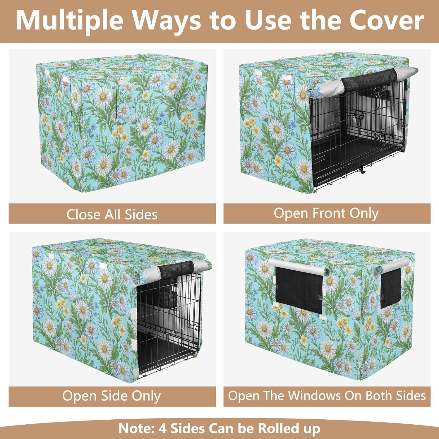 Duty 600D Silver Coated Dog Crate Cover, Water-Resistant Daisy Print Pet Kennel Canopy with Mesh Windows for Optimal Ventilation, Universal Fit for Standard Wire Cage, Indoor & Travel