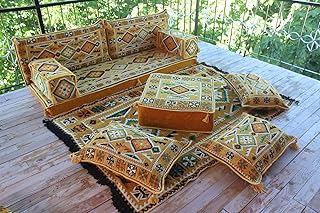Yellow Outdoor Garden Sofas, Floor Pillows, Traditional Couches, Lake House Couch, Moroccan Sofas, Loveseats, Arabic Majlis, Modular Sofa, Cozy Terrace Sofa (Sofa + Rug + Ottoman)