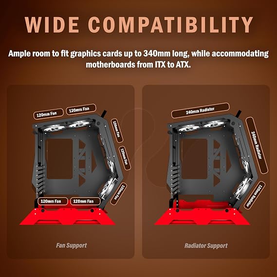 KEDIERS Open Frame Unique Gaming PC Case, Creative Irregular Shape, Thick Metal Frame, 7 PWM ARGB Fans, Max Airflow ATX/MATX Gaming Computer,C570 (red)