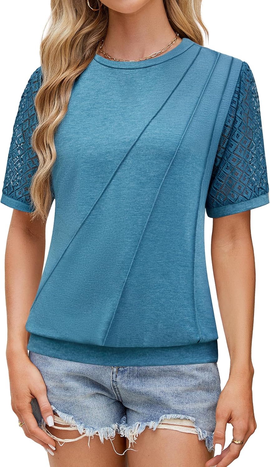 Blooming Jelly Womens Lace Short Sleeve Shirts Dressy Business Casual Summer Tops Ladies Pleated Spring Blouses 2025