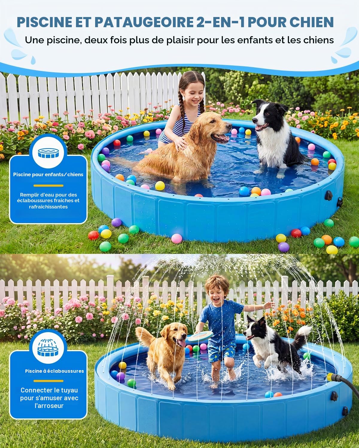Piscine pour Chien Pliable avec Sprinkler, Grande Piscine Chien 160 cm Antidérapante en PVC avec Jet d’Eau pour Jardin et Extérieur