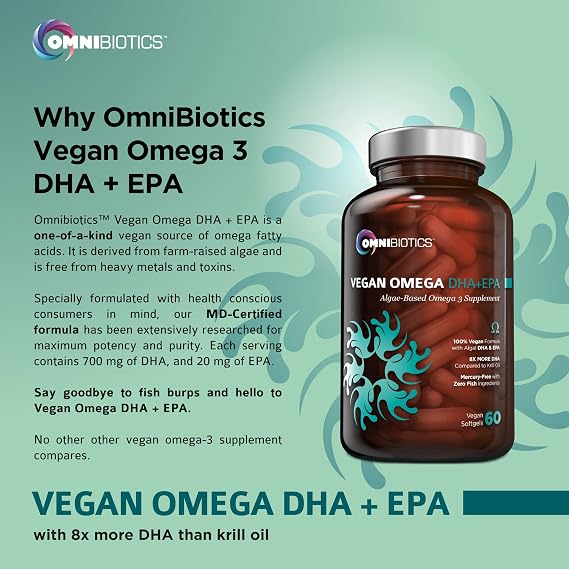 OmniBiotics Vegan Omega 3 DHA EPA Supplement MD-Certified Prenatal Supplement with 8X More DHA Than Krill Oil, Fish-Free, Non-GMO 60 Vegan Capsules