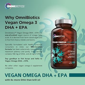 OmniBiotics Vegan Omega 3 DHA EPA Supplement MD-Certified Prenatal Supplement with 8X More DHA Than Krill Oil, Fish-Free, Non-GMO 60 Vegan Capsules