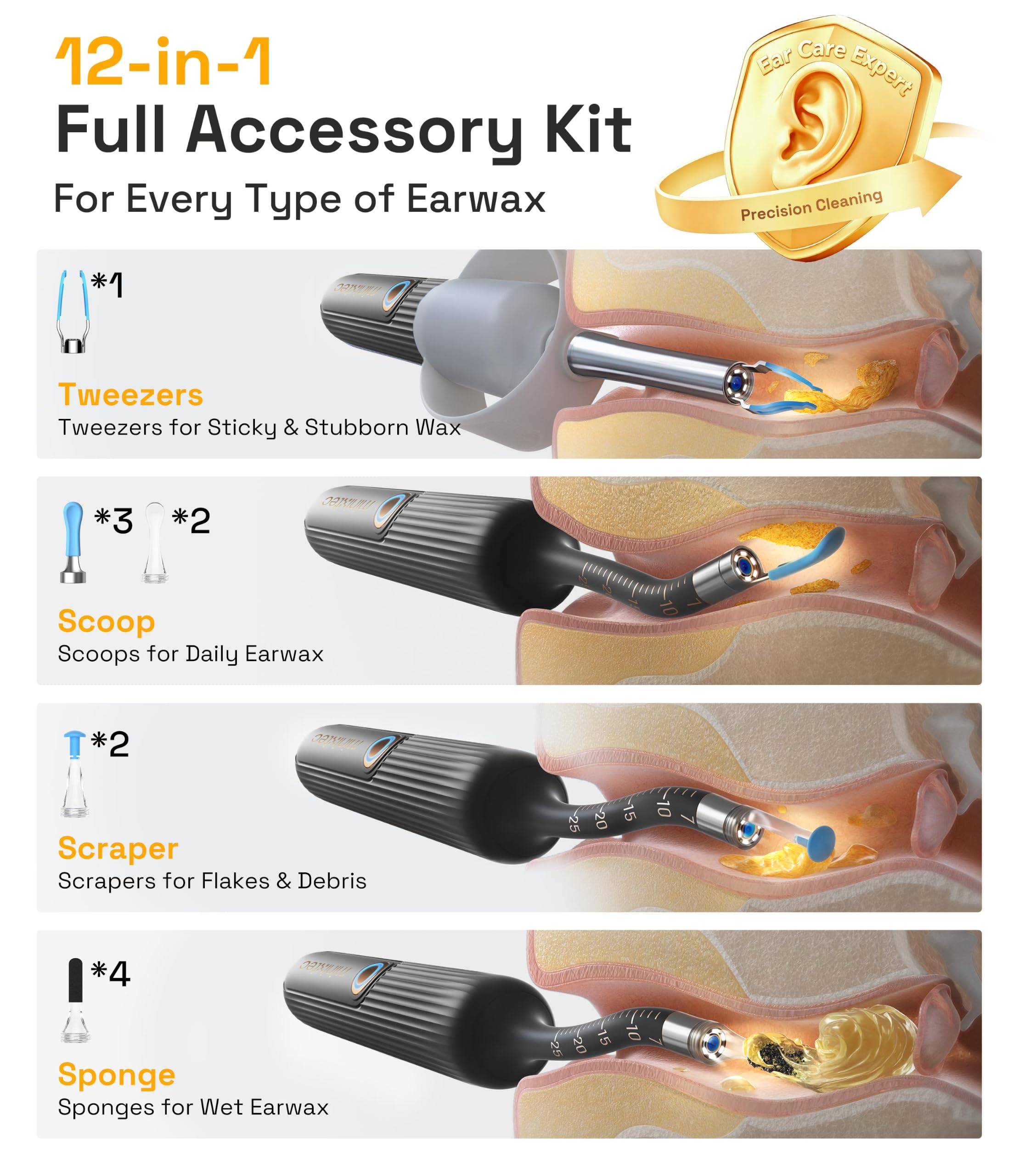 Earsight Plus E33R FSA HSA Kit d'outils de nettoyage d'oreille avec caméra auriculaire flexible et pince à épiler sans fil pour adultes et enfants