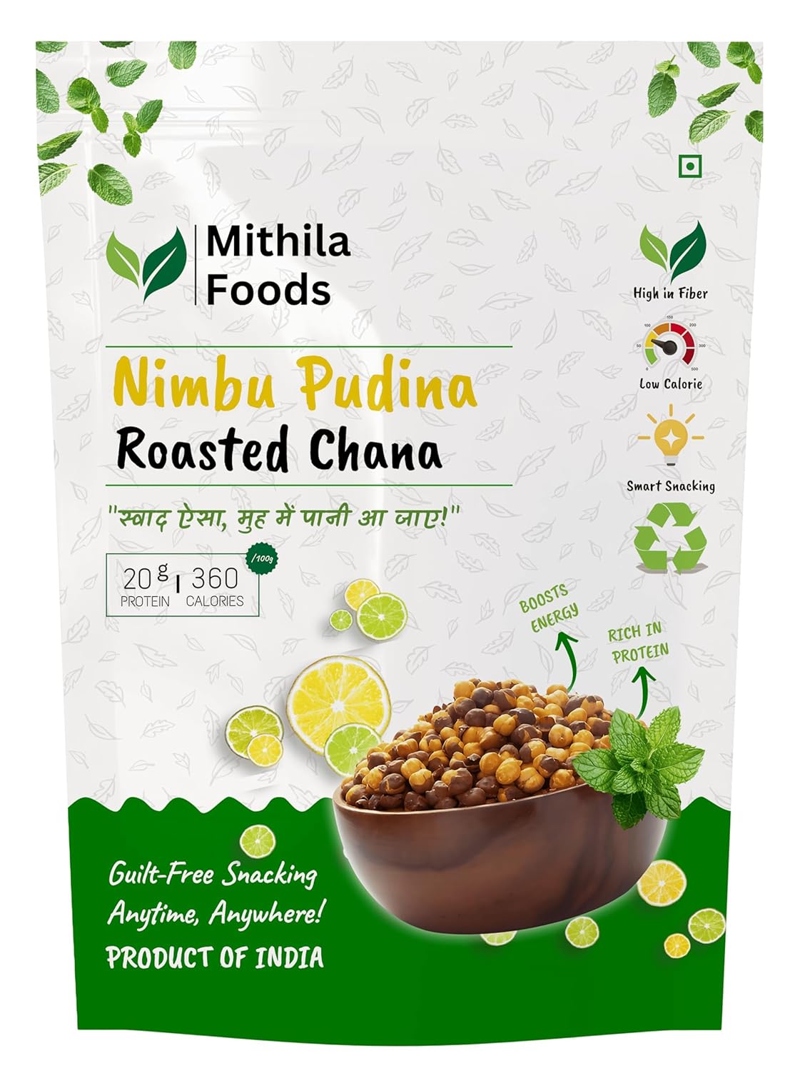 MITHILA FOODS 500g Nimbu Pudina Roasted Chana | Desi Chickpeas | Whole with Skin | Crunchy Vegan Gluten-Free High Protein SMART Snack | Authentic Bihari Bhuna Chana Snacks Tangy Lemon Mint Flavor