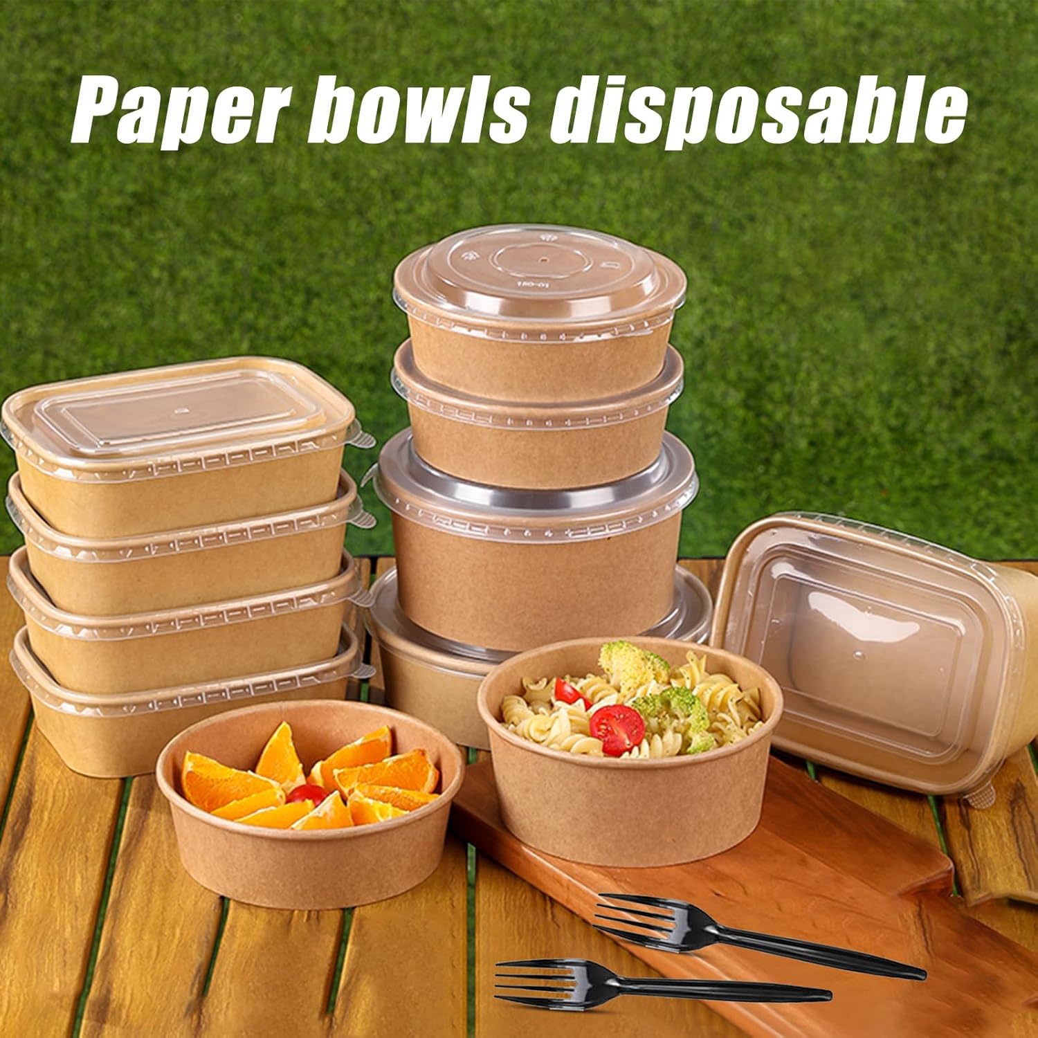 DI QIU REN 50Pack Paper Bowls Disposable【with Lids and Forks】,Disposable Soup Salad Serving Bowls Party Takeout Togo Food Containers Microwave Freezer Safe for Hot/Cold Food (32 oz)