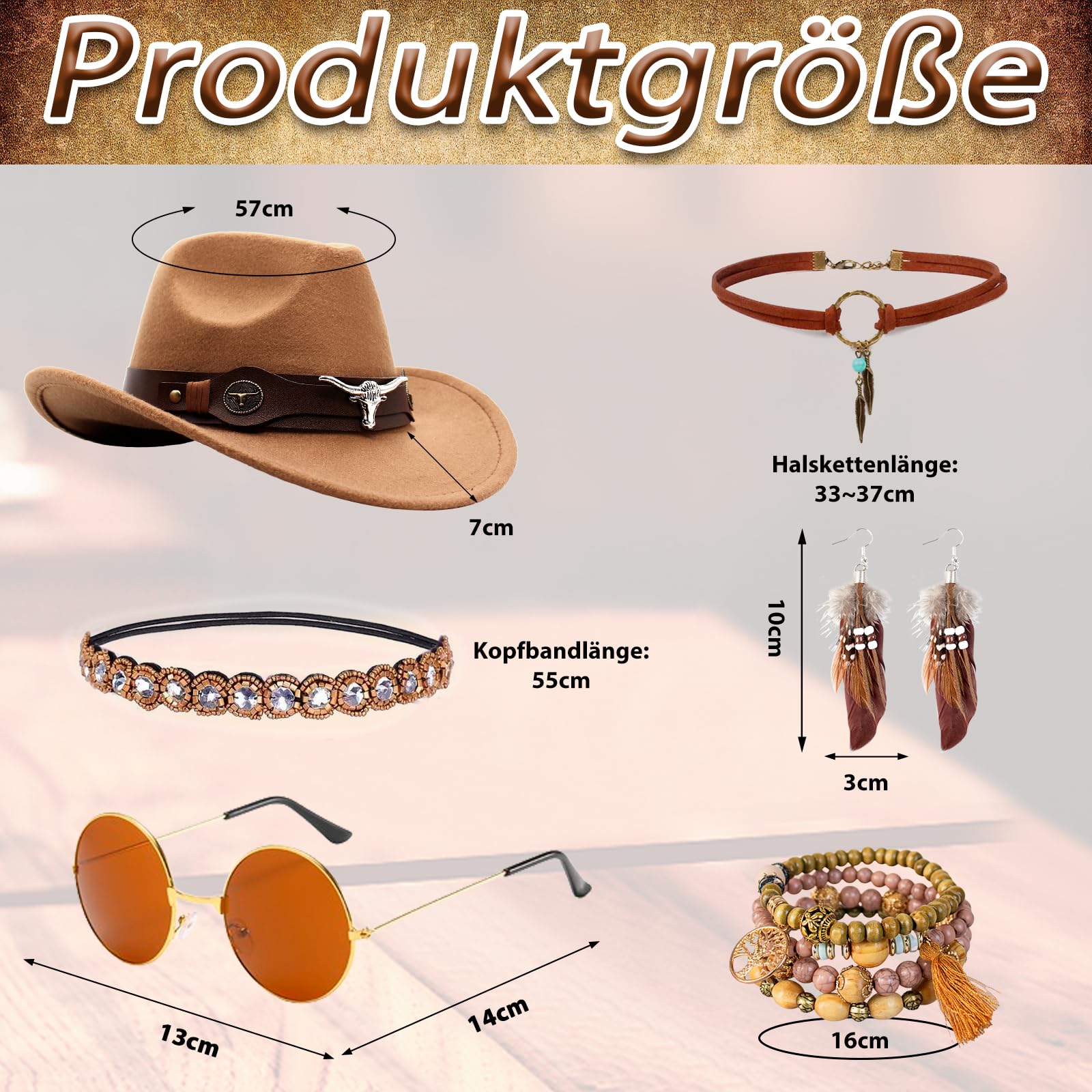 7Stück Hippie Kleidung Damen Set, Cowgirl Western Outfit, Hippie Kostüm Damen Set mit Hippie Ohrringe, Brille, Armband, Halskette, 60er 70er Hippie Bekleidung Faschingskostüme Halloween