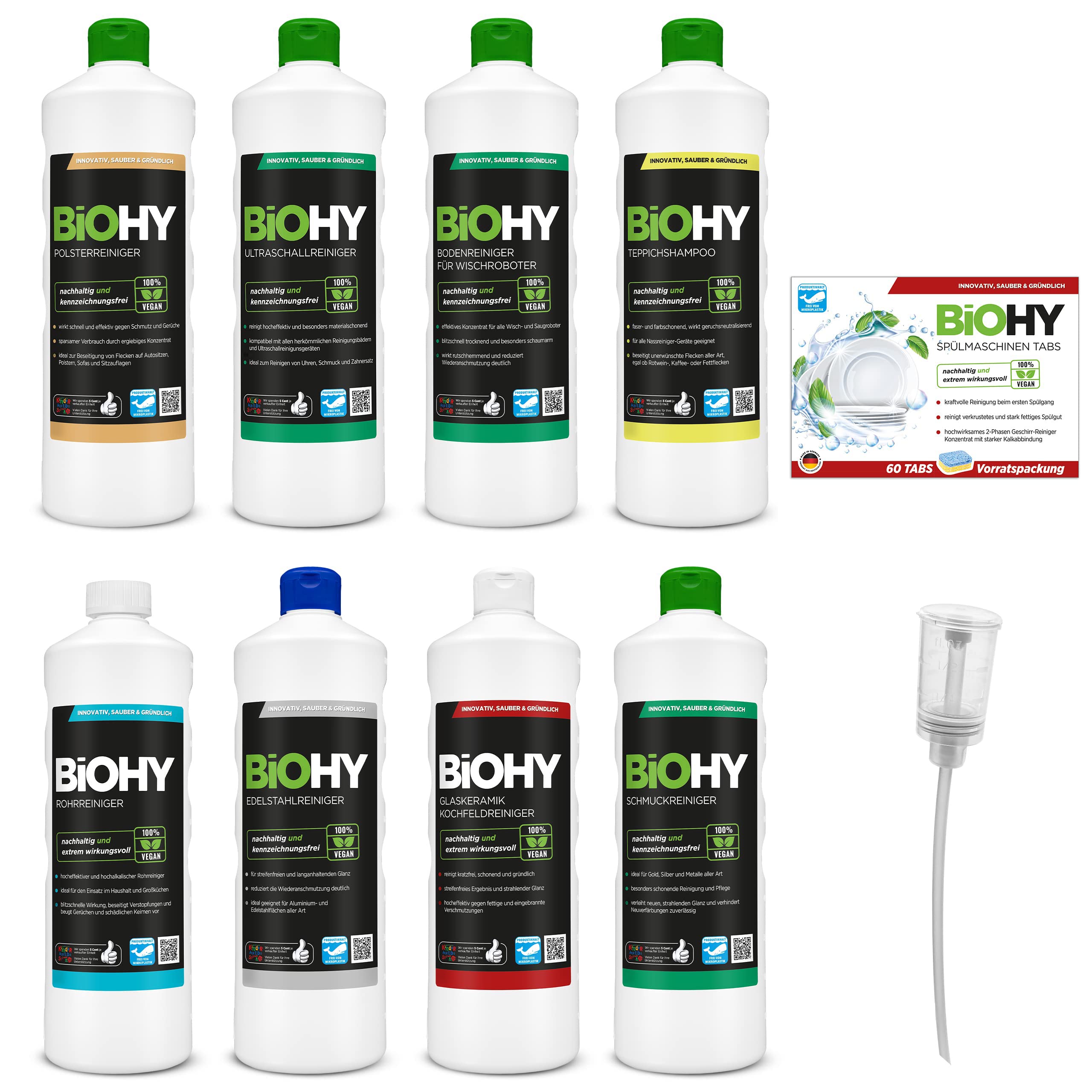 BiOHY Juego combinado de productos de limpieza con dosificador y pastillas para lavavajillas (8 x 1 L), para todos los ámbitos de aplicación, potente y eficiente, limpiador 100% vegano sin