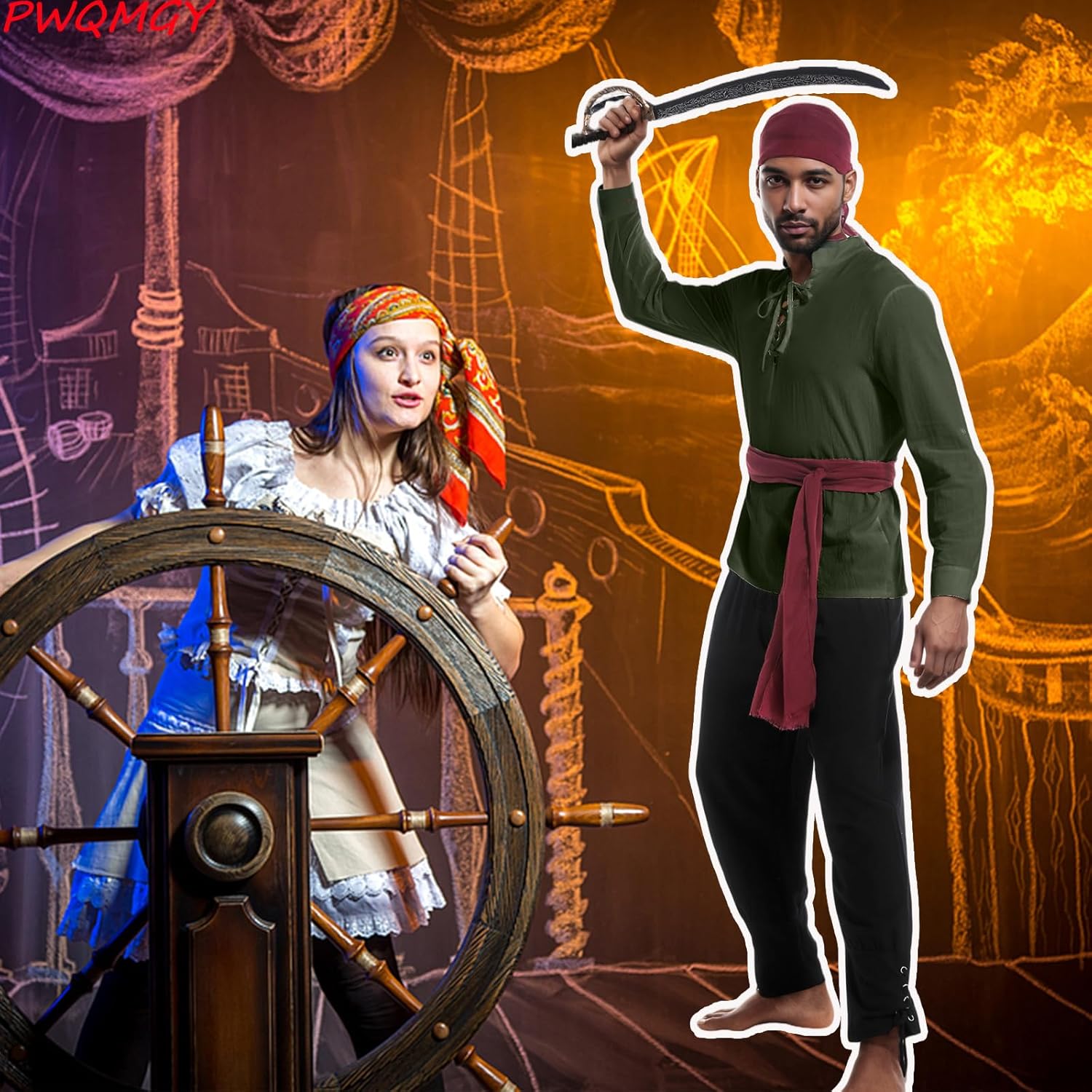 4-Pcs Pirate Costume Men,Medieval Renaissance Pirate Shirt Bandana Sash & Eye Patch for Men Halloween Carnival Cosplay Outfit - Image 5