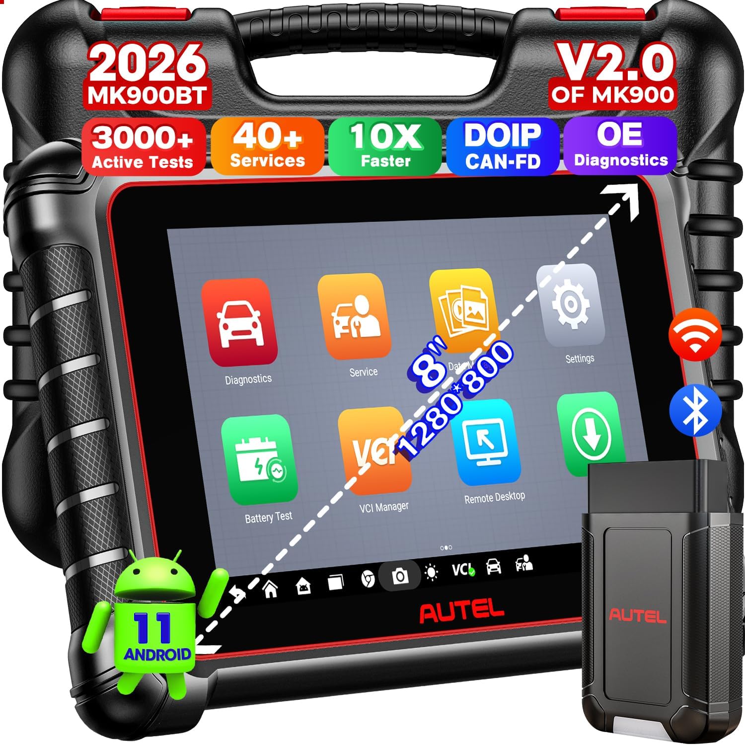 Autel MaxiCOM MK900BT Bidirectional Scanner, 40+ Service CAN FD DoIP | 2026 8In MK900-BT V2.0 of MK900 MK808S MK808BT PRO MX900 MX808S, 3000+ Active Tests 200+ Brands, OE OBD2 Diagnostic Tool FCA
