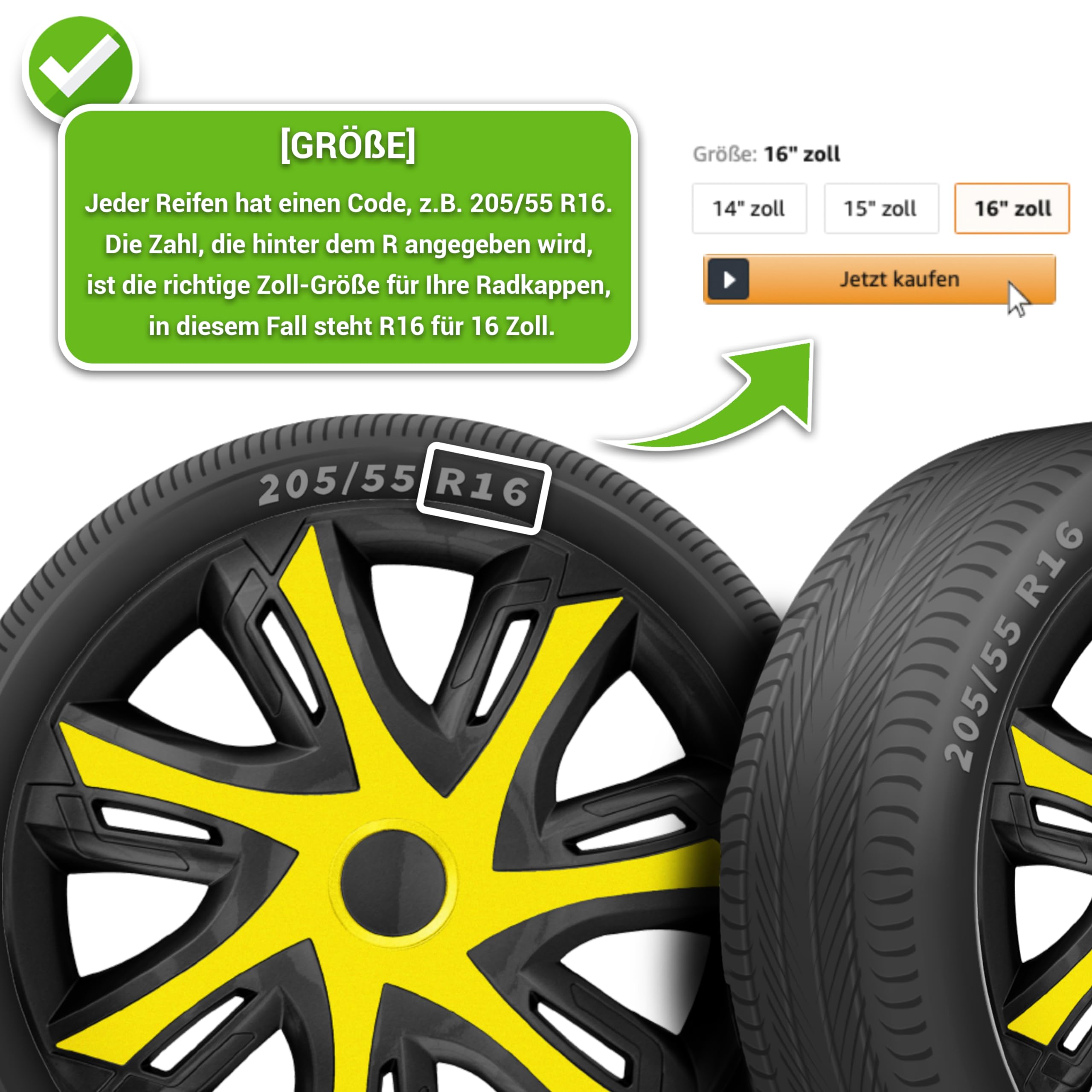 Moltico Enjoliveur - Set de 4 Universel Enjoliveurs - Adapté à Toutes Roues en Acier - Enjoliveurs pour Auto - Anneau de Sécurité Réglable - 16 Pouces - Jaune-Noir