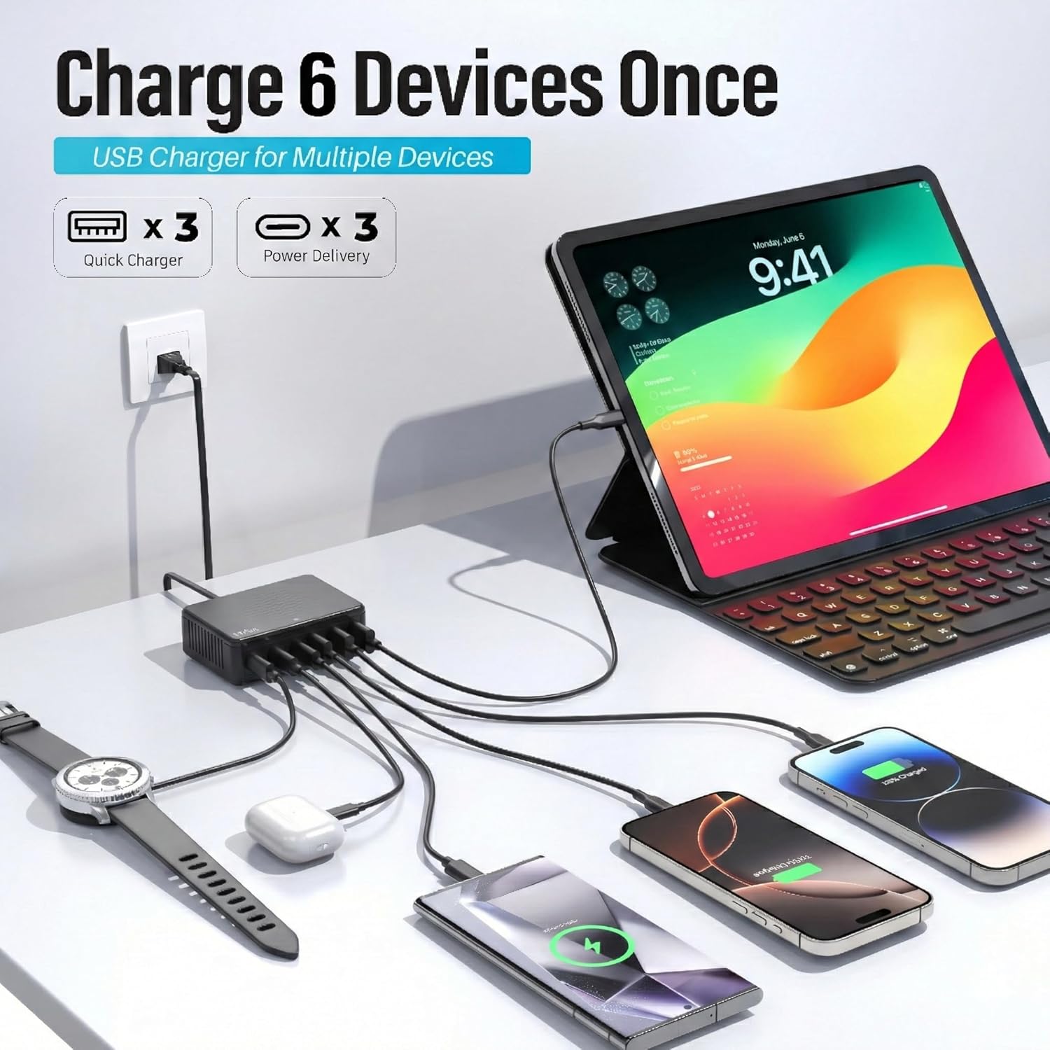 TT&C 100W USB-C Charging Station, 6-Port GaN III Desktop Hub (30W Max Per Port), Compatible with MacBook Air, iPad Pro, iPhone 17/16 & Samsung Galaxy - Black