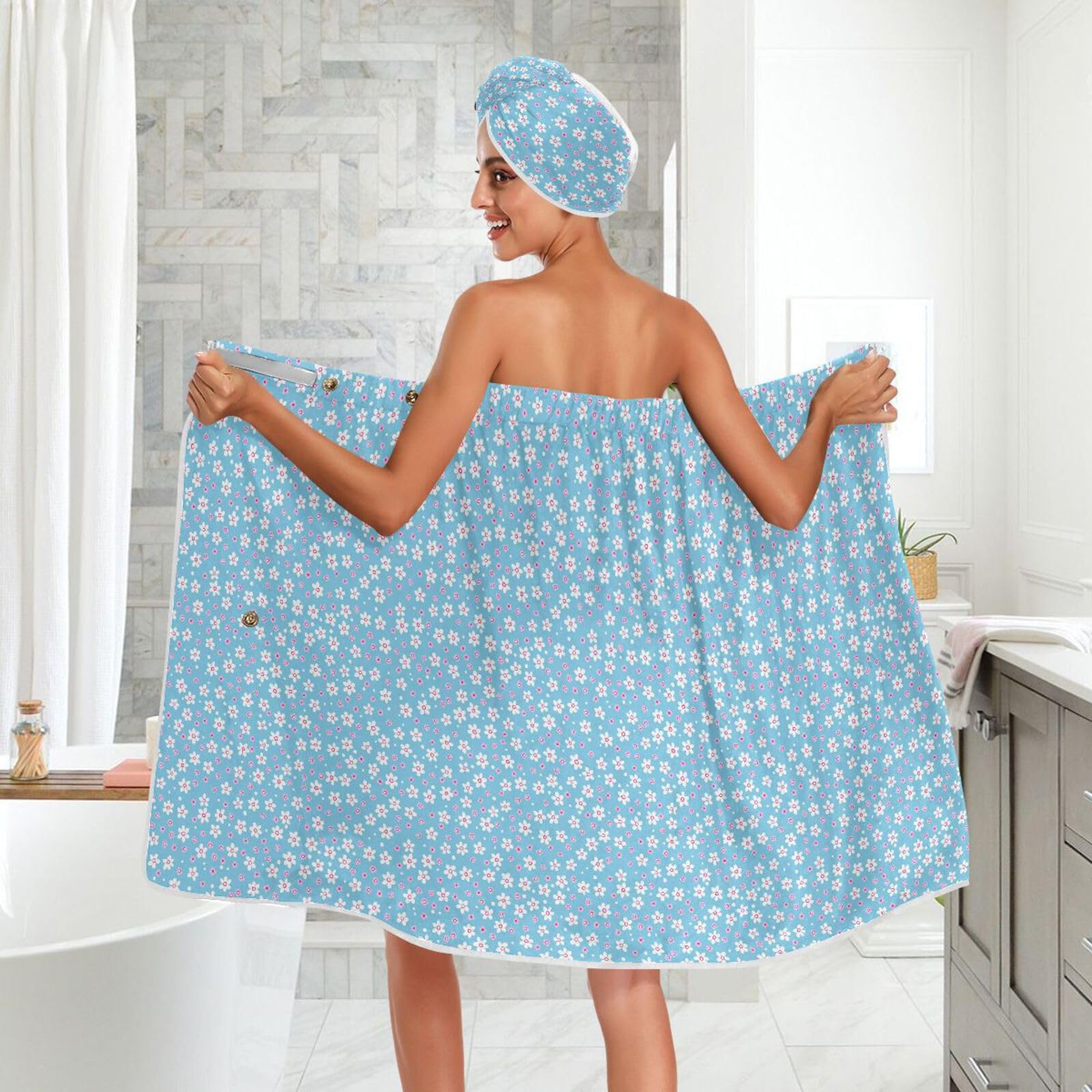 Kwiatowy ręcznik kąpielowy 3 zestawy regulowane zamykanie suchy szybki szlafrok kąpielowy body Wrap dla kobiet spa, szlafrok + suszenie włosów + opaska na głowę