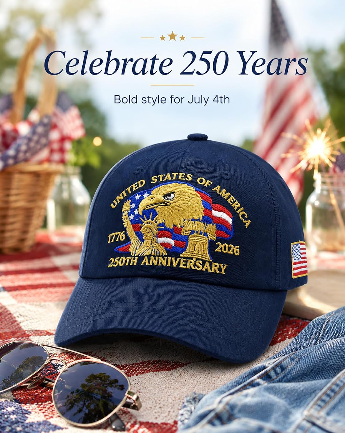 250th Anniversary USA Hat for Men Women, Embroidery Adjustable Baseball Cap