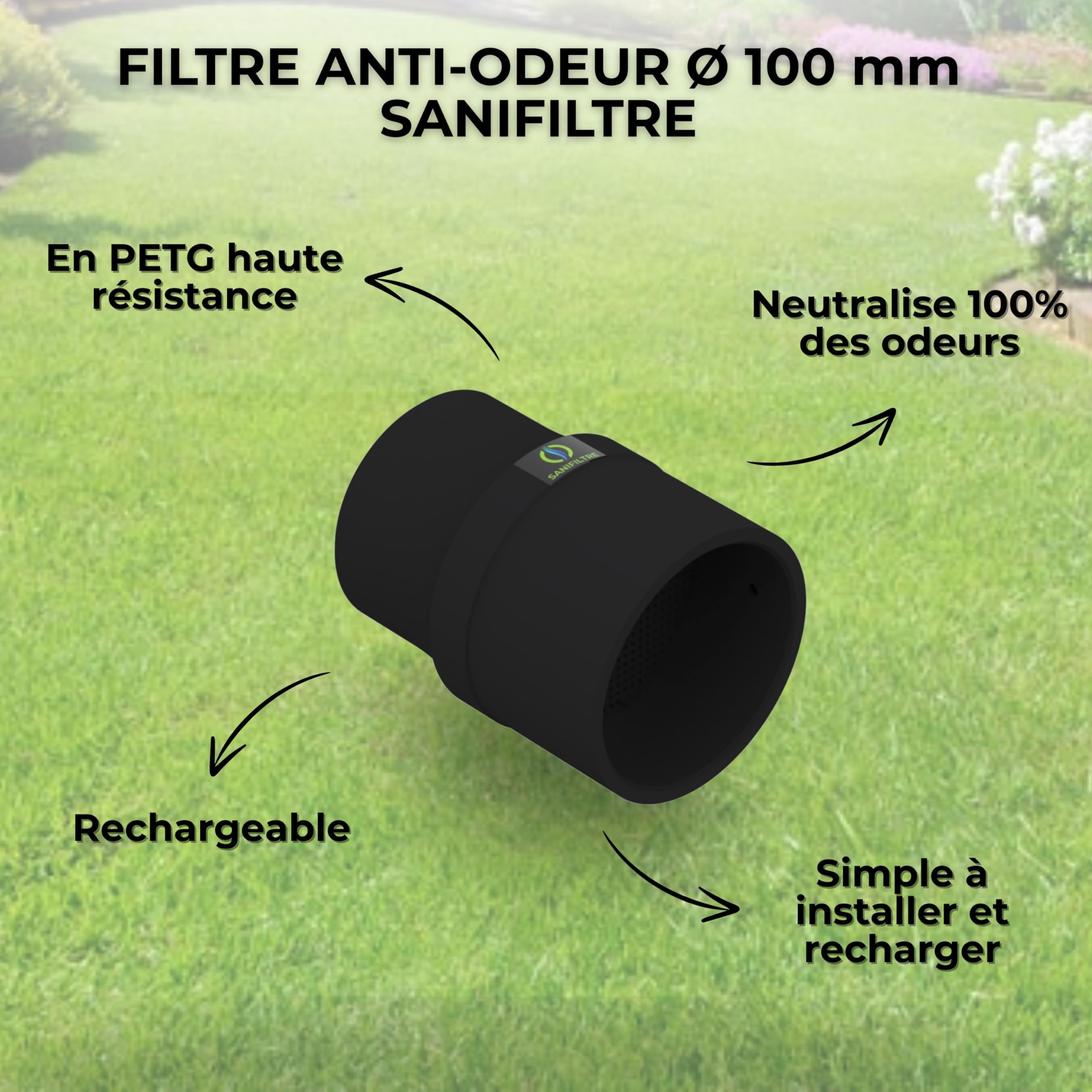 Filtre Anti-Odeurs Haute Performance au Charbon Actif Anti-H2S, avec Manchon Intégré 100 mm, Solution Cans Collage, pour Fosse Septique & Toutes Eaux, Rechargeable & Robuste – HYDRODIV