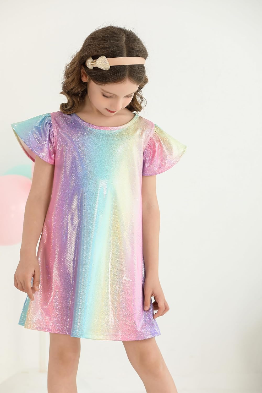 Girls Party Dress Metallic Shiny Sparkly Colorful Flutter Sleeve Swing Midi Prom Dress