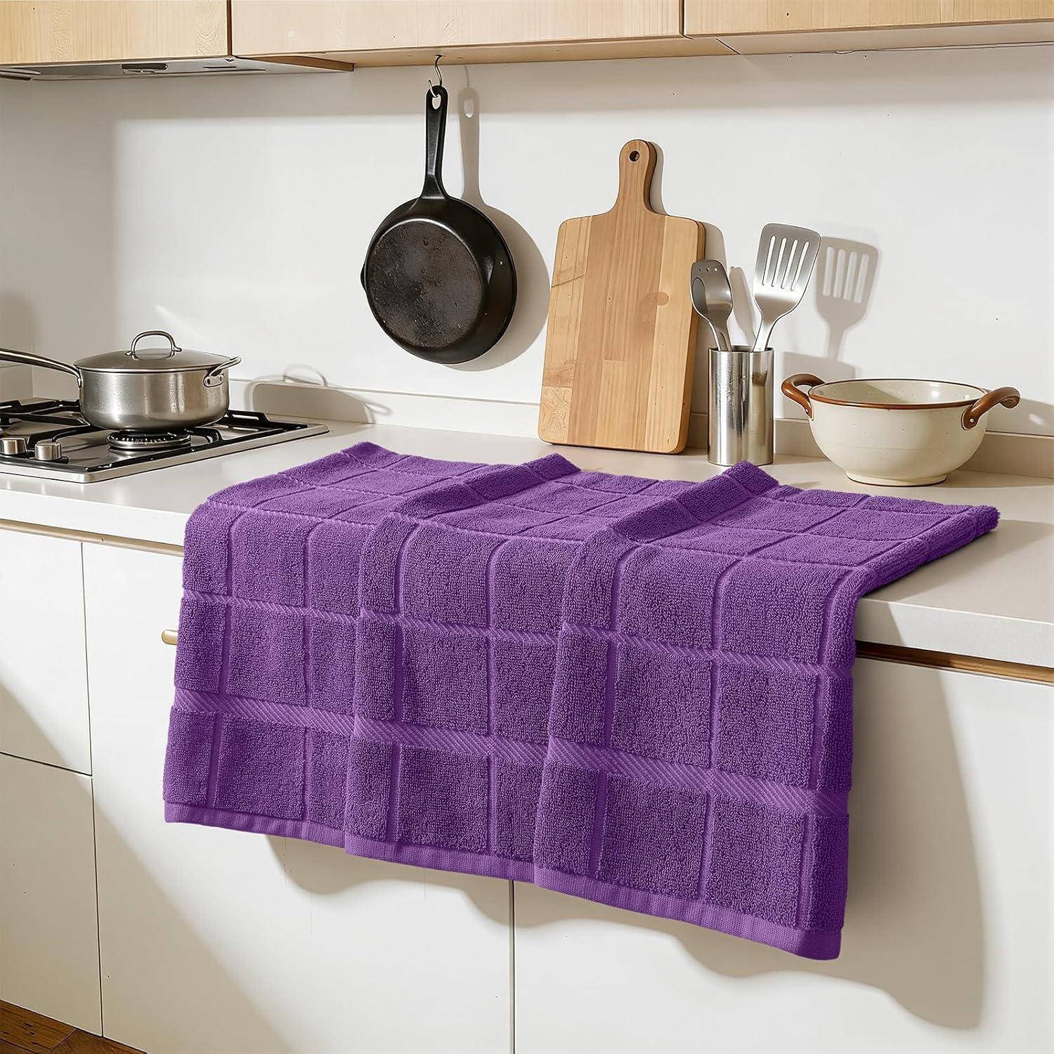Homaxy Premium Kitchen Towels 18"x28", 6 Pack Large Cotton 380 GSM Dish Towels, Soft and Absorbent Kitchen Hand Towels with Terry Grid Design, Utility Tea Towel Set with Hanging Loop, Purple