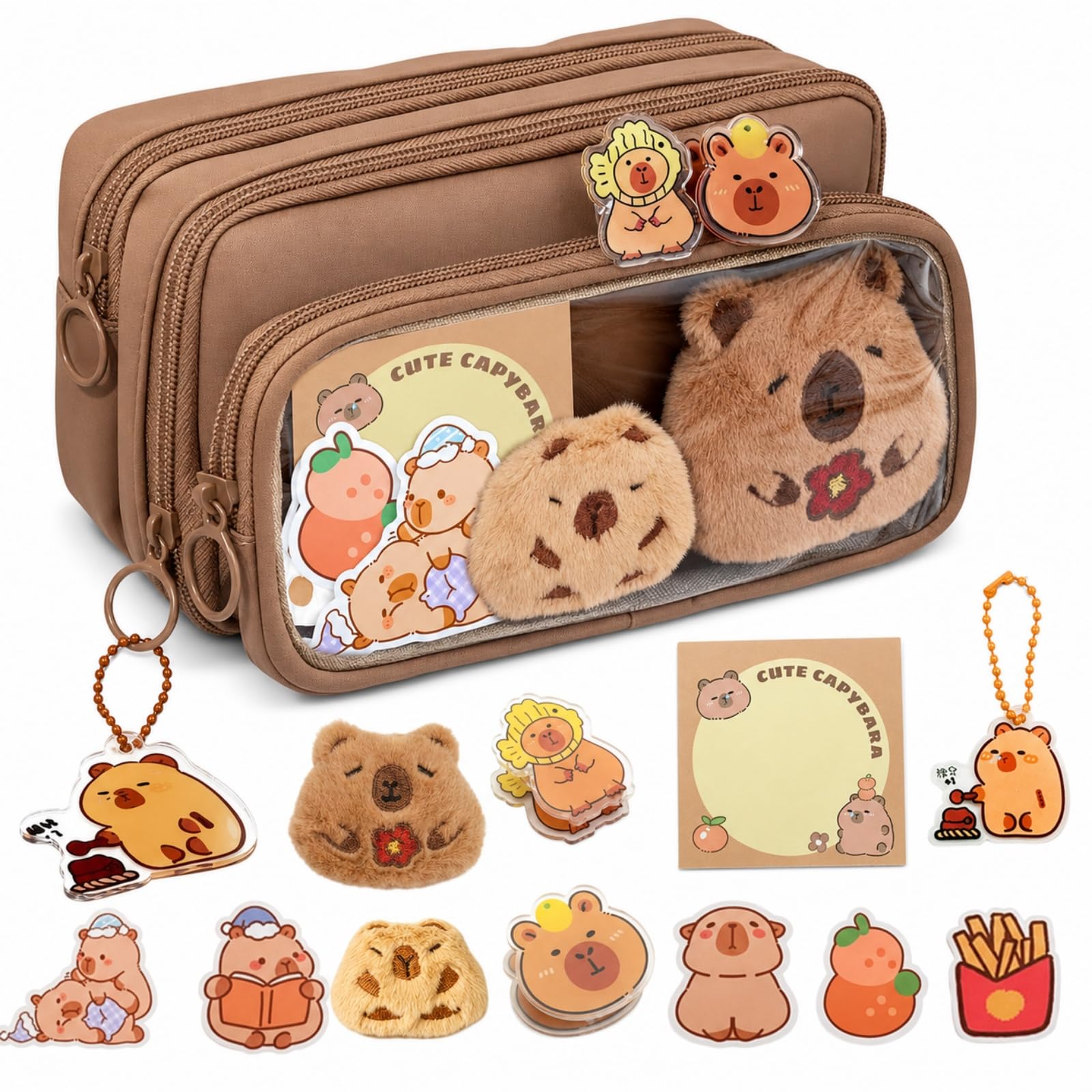 HANXIANG Capybara Stationery Set with Pencil Case, Keychain & Brooch