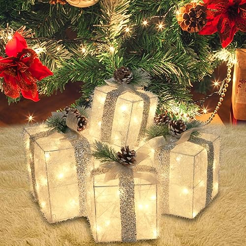 Miniatura 4 de Juego de 4 cajas de regalo iluminadas de Navidad, juego de regalo con luz preiluminada con diferentes tamaños para decoraciones de vacaciones en