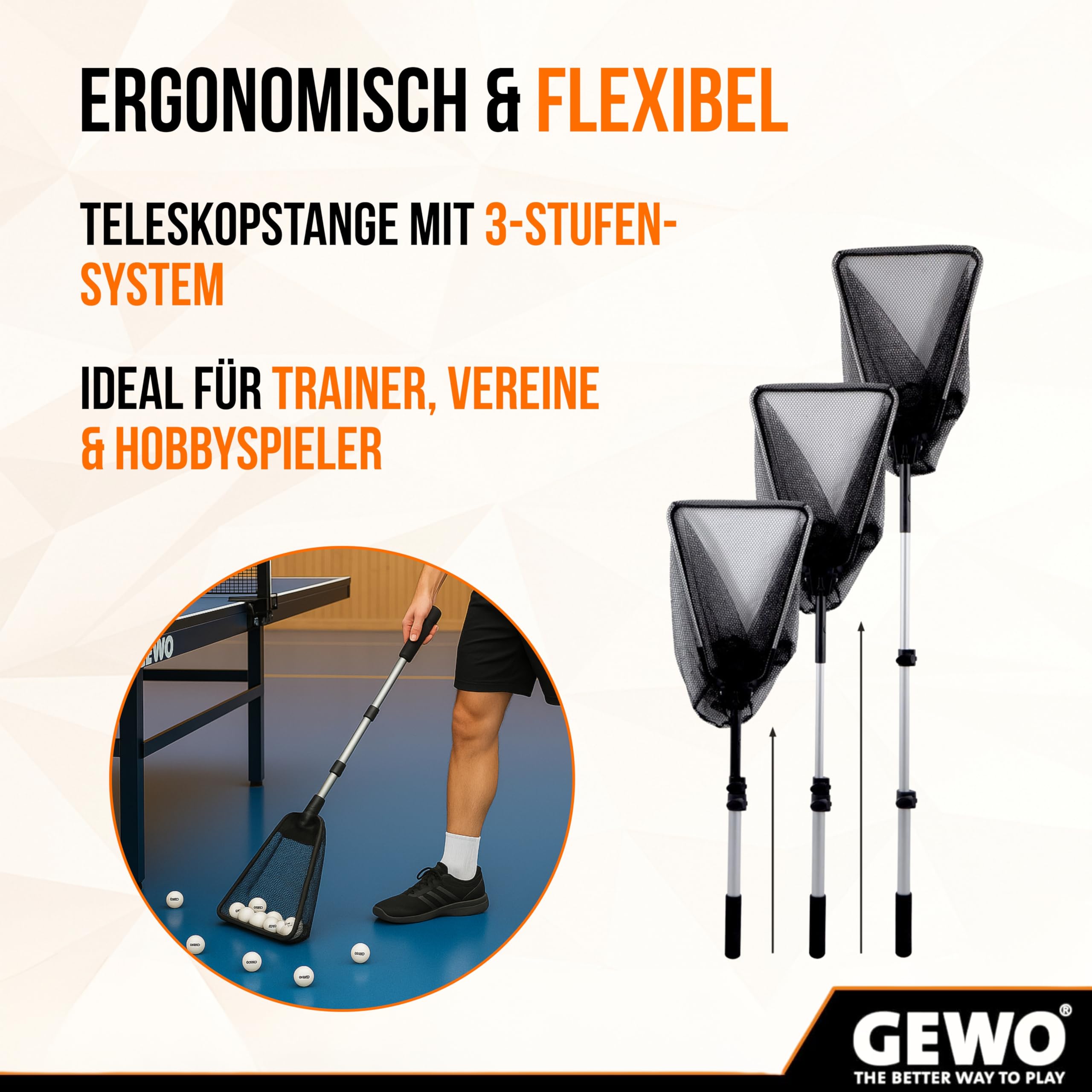 GEWO Tischtennis Ballsammler Pick-Up mit Teleskopgriff – Ballsammelnetz für bis zu 72 Bälle – höhenverstellbar, faltbar & inkl. Aufbewahrungstasche