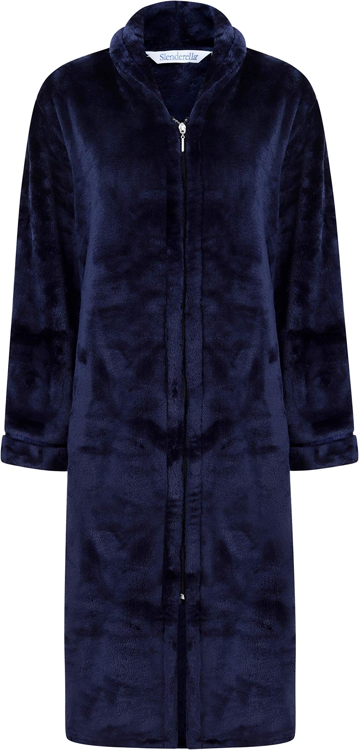 Slenderella Ladies 46" Winter Super Thick Soft Plain Dark Blue Velvet Fleece Zip Up Dressing Gown XL 20 22