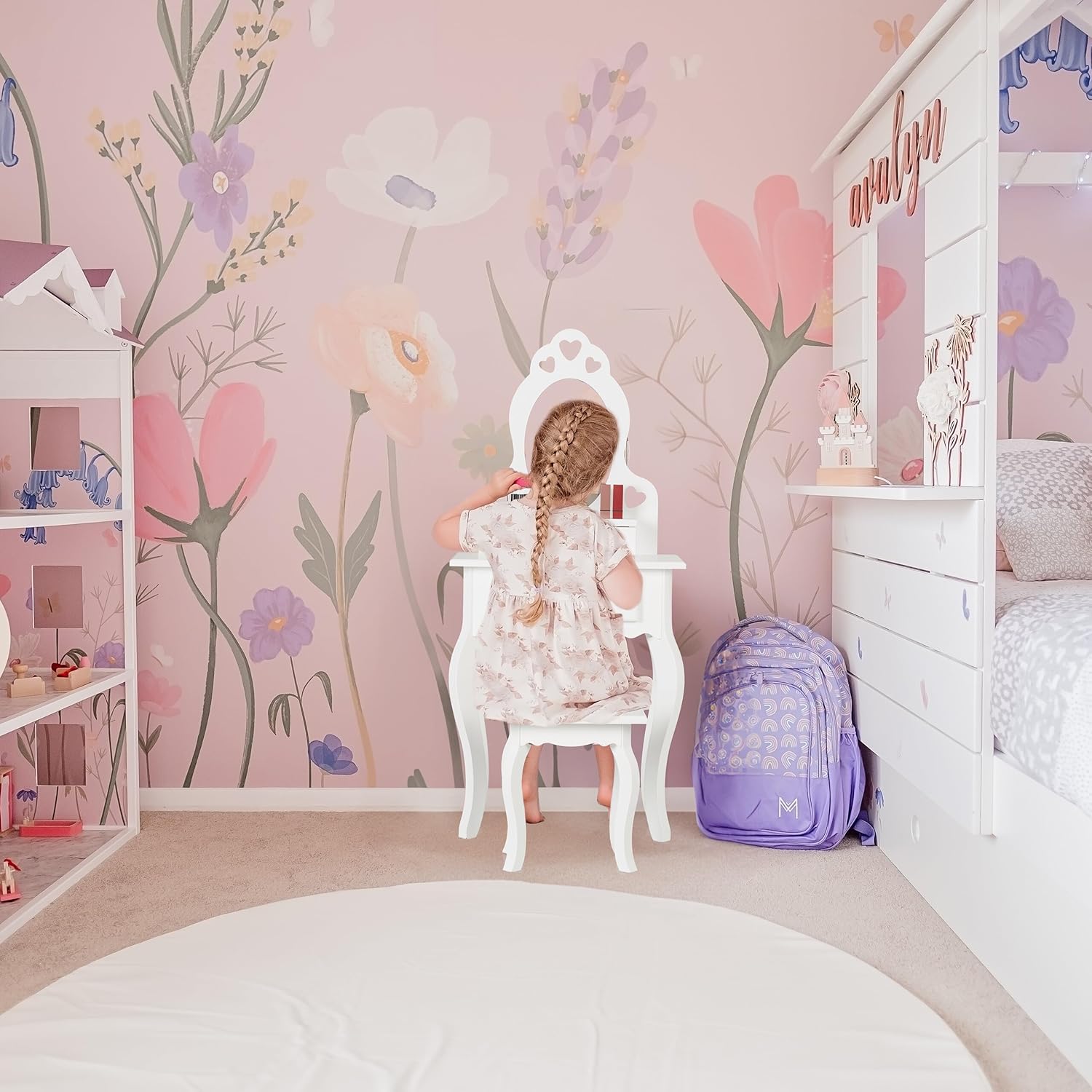 Relaxdays Children's Dressing Table, with Mirror & Stool, 110 x 50 x 30 cm, for Kids from 3 years, Vanity Dresser, White, Fibreboard