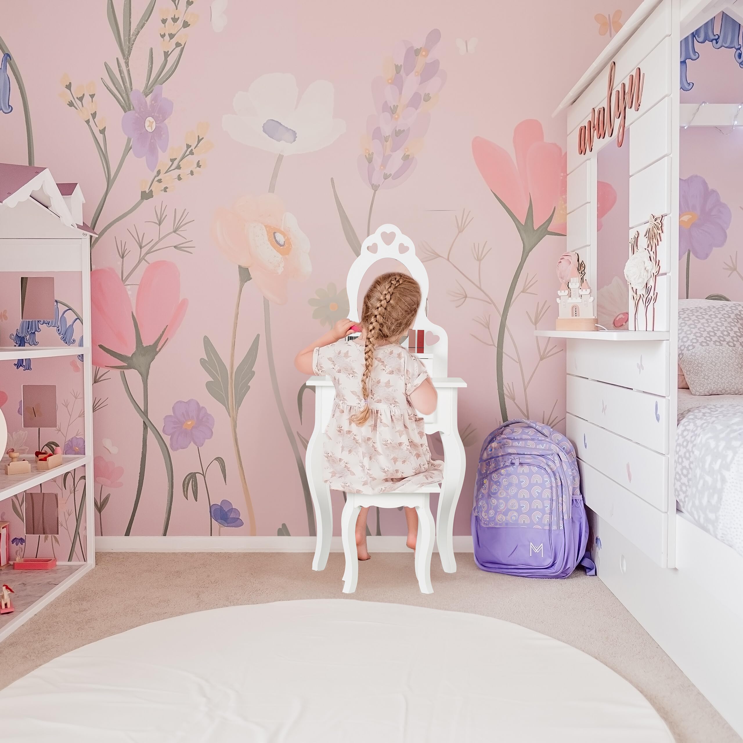 Relaxdays Toeletta Trucco Bambina, Tavolino con Specchio e Sgabello, HLP: 110 x 50 x 30 cm, a Partire dai 3 Anni, Bianco