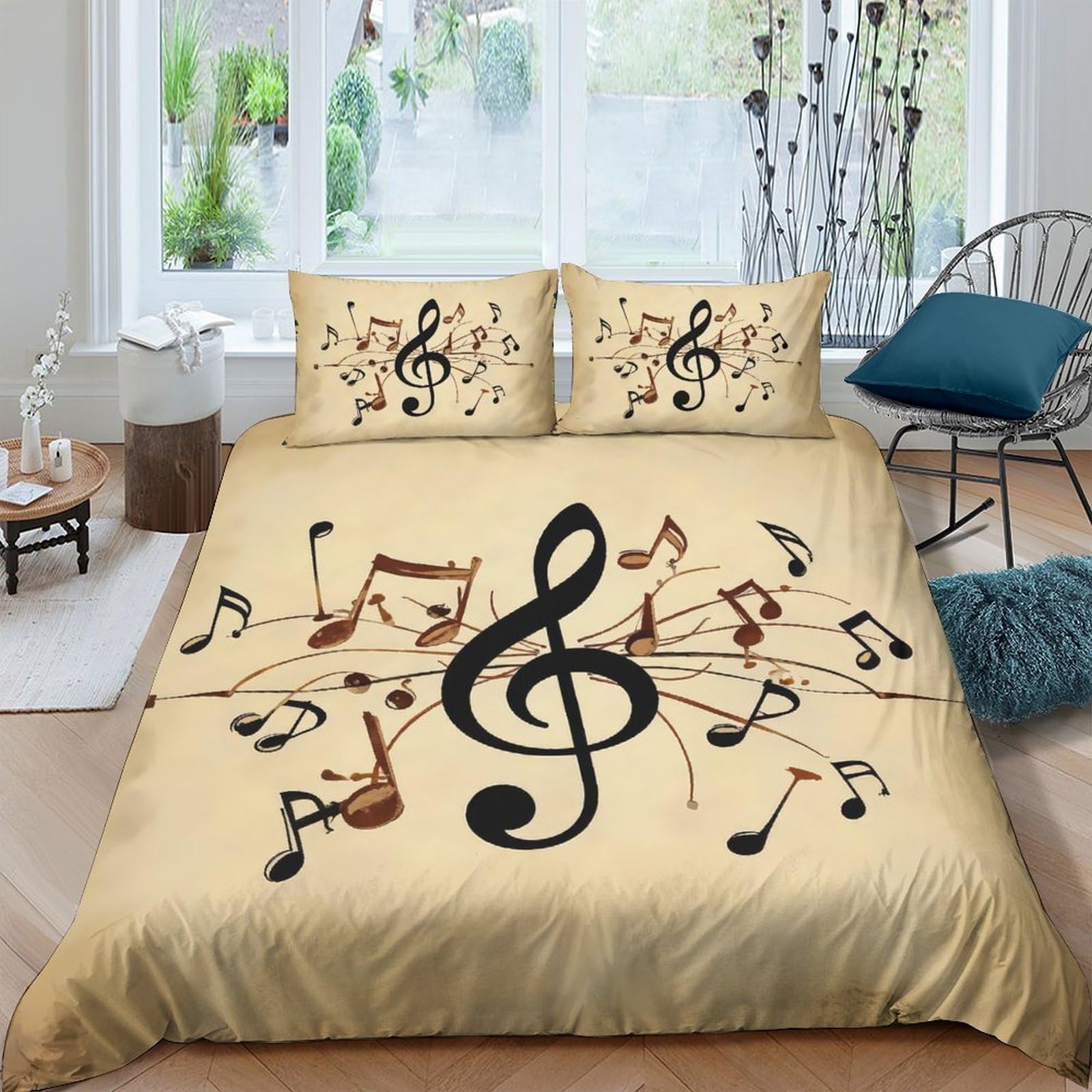 TUFRTGYHN 3D Printed Musical Notes Duvet Cover Microfiber Soft Beige Bedroom Decor Treble Clef Bedding Set with 2 Pillowcases Single（135x200cm）