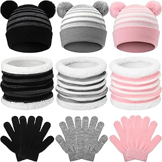 JaGely 9 Pcs Kids Hat Scarf Gloves Set Winter Knit Beanie Neck Warmer Mittens Striped Cap Fluffy Scarf Gloves for Kids Aged 3-10 (Black Gray, Gray White, Pink White),One Size to Fit Most