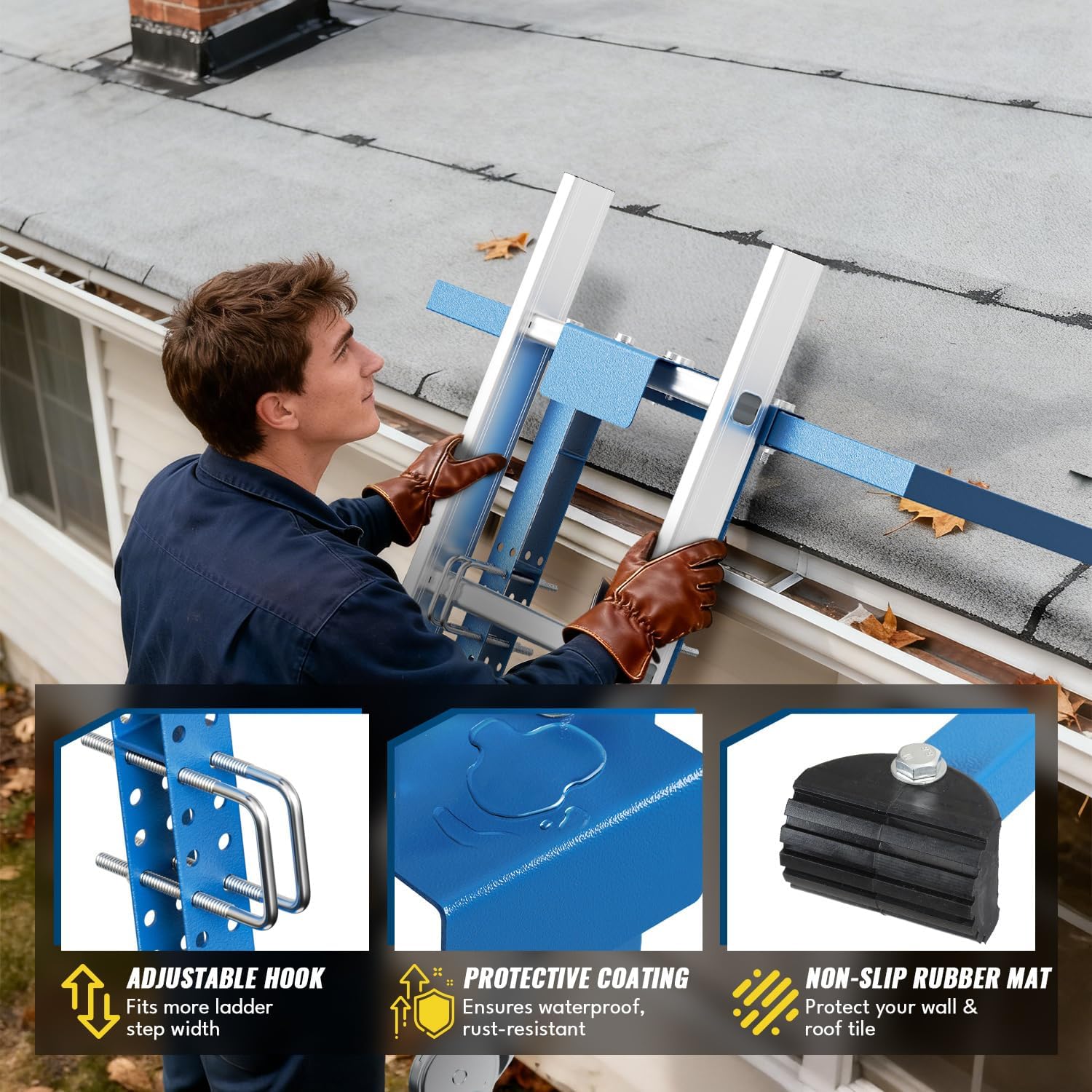 Adjustable Ladder Stabilizer, Anti-Slip Rubber Feet, Heavy Duty Extension Ladder Stabilizer for Roof Safety Protection, Ladder Roof Hook with Wing Span/Wall Extension Accessory, Blue