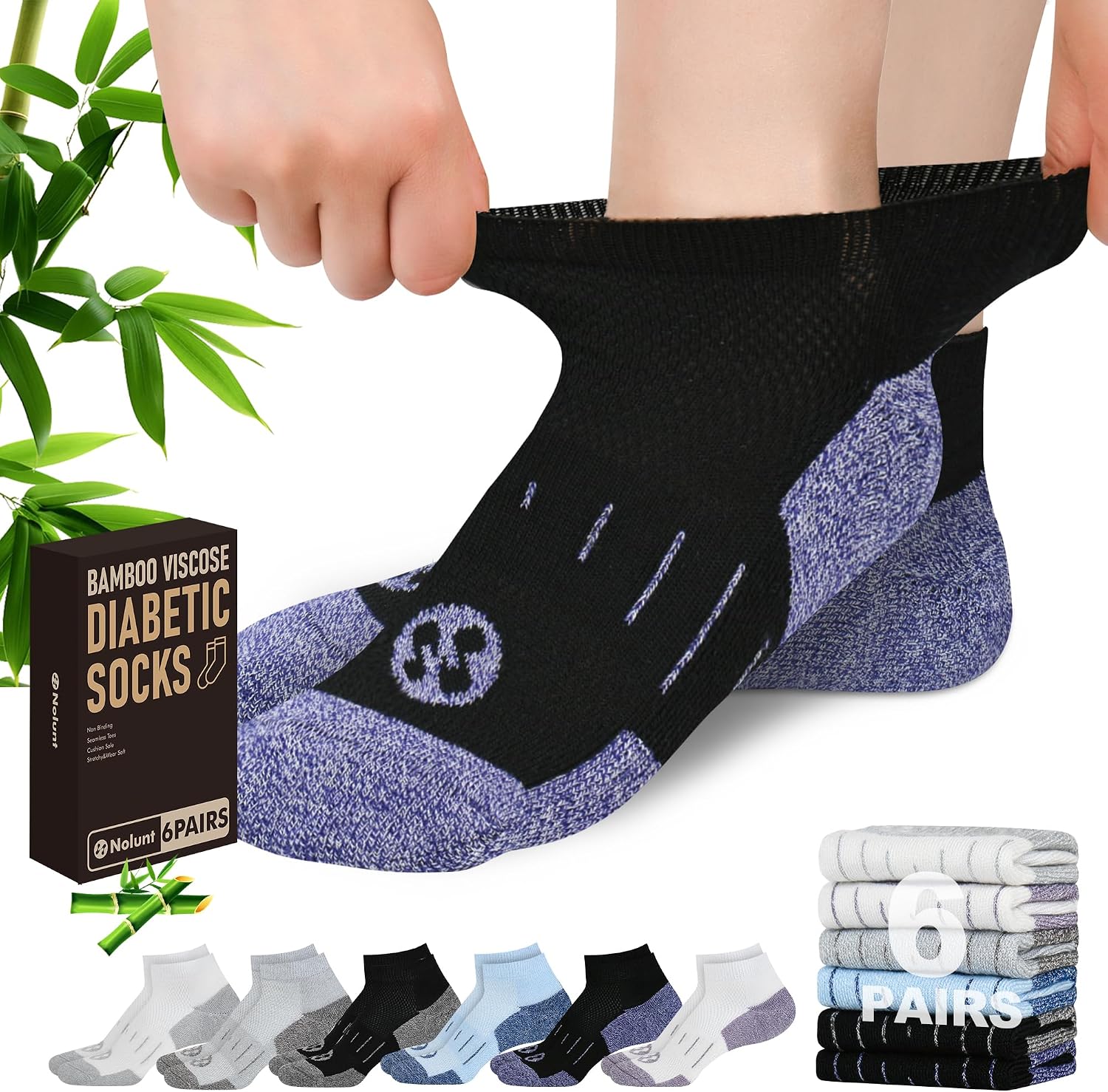 Nonlut Diabetic Socks for Men,6 Pairs Low Cut Neuropathy Mens Diabetic Socks 9-12/10-13(White+Black+Grey+Black+White+Light Blue-Large)