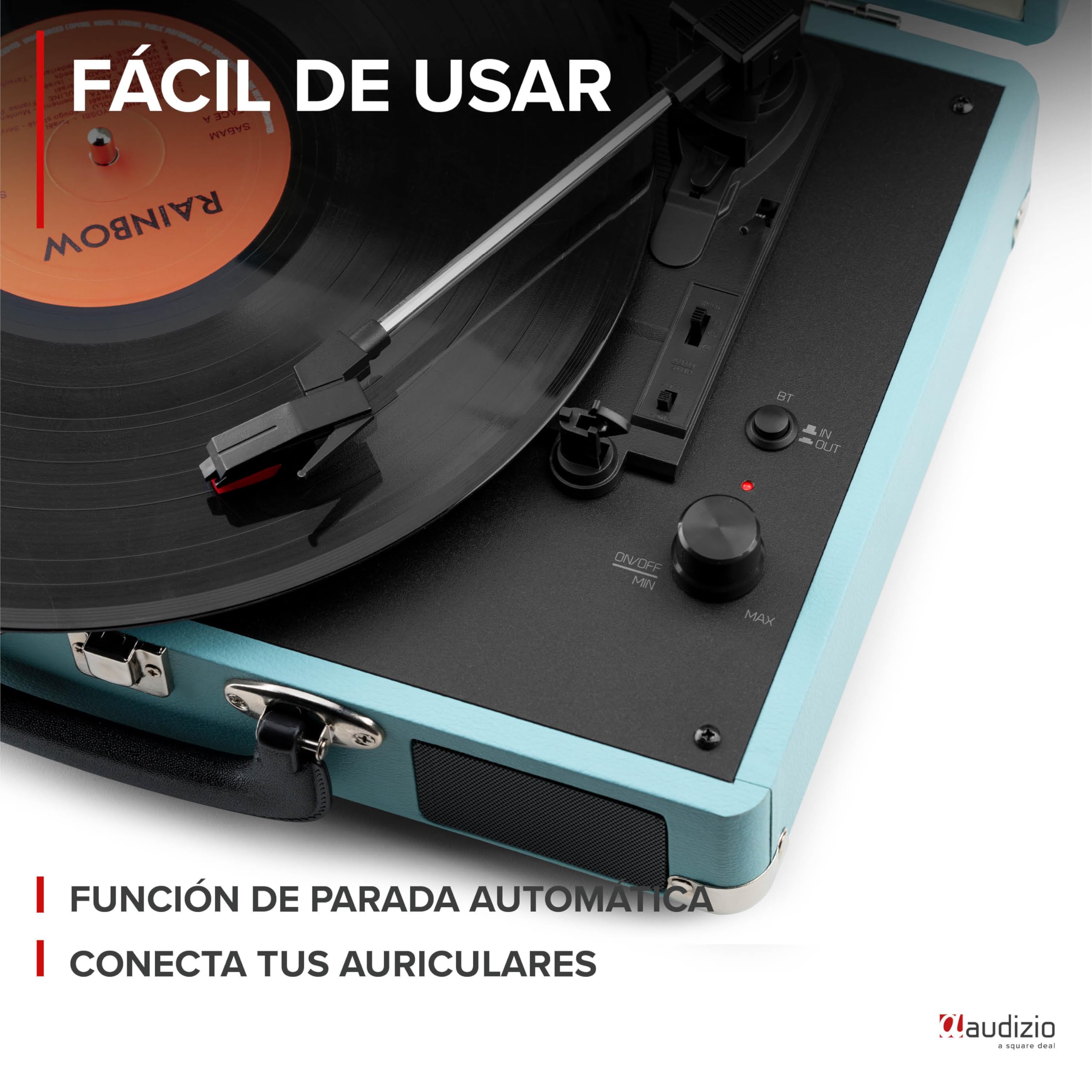 Audizio RP116B Tocadiscos con Altavoz, Funciona con Bluetooth 5.0, digitalización con USB, AUX, Parada automática, Tocadiscos de Vinilo de 3 velocidades y transmisión por Correa de 33/45/78 - Azul