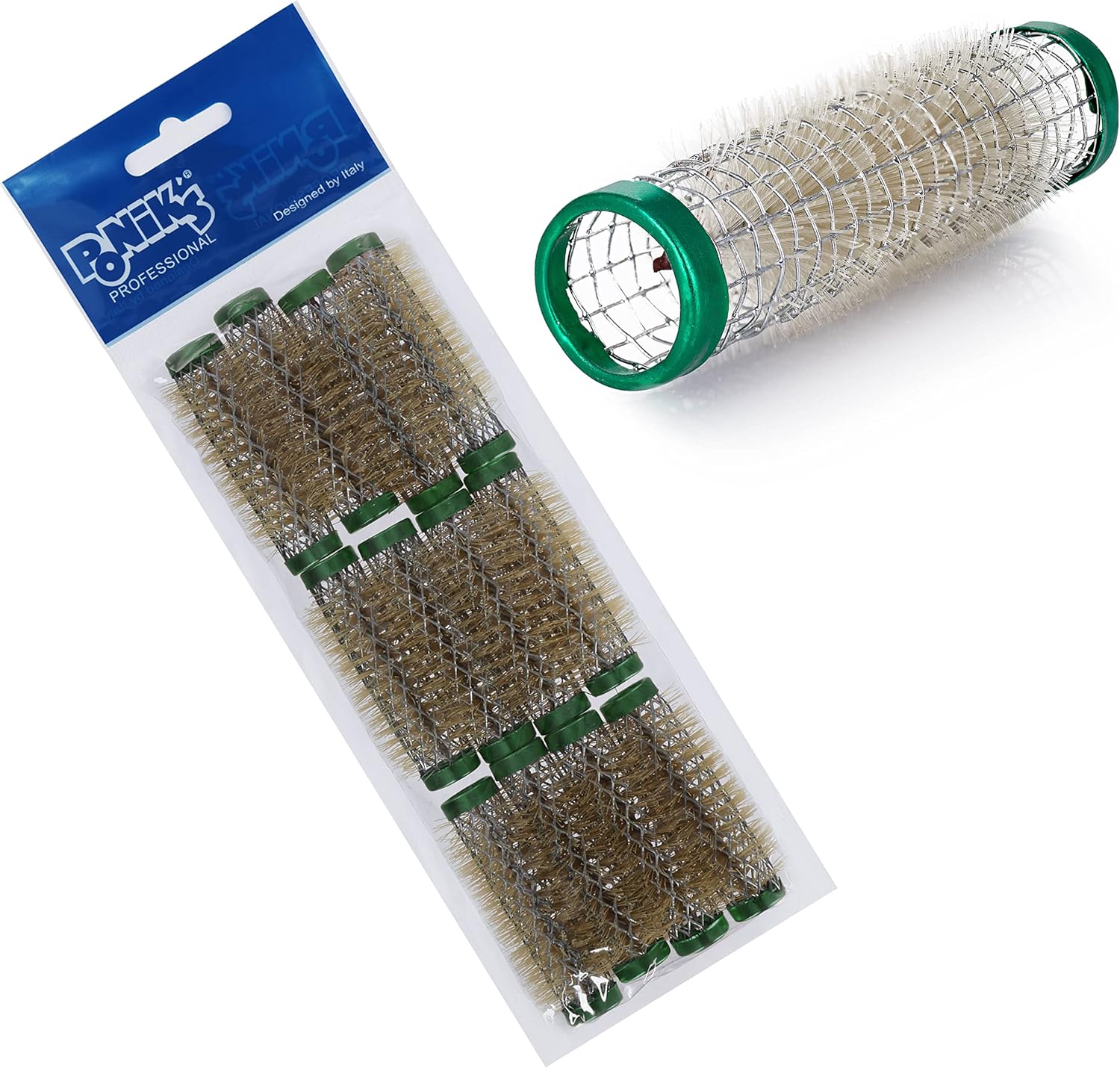 PONIK’S PROFESSIONAL – Metalen wikkelaar, draadwikkelaar met borstels, metalen krulspelden 12 stuks, haarspelden 15 mm, haarrollerset, haarrollers, krulspeldenset – groen