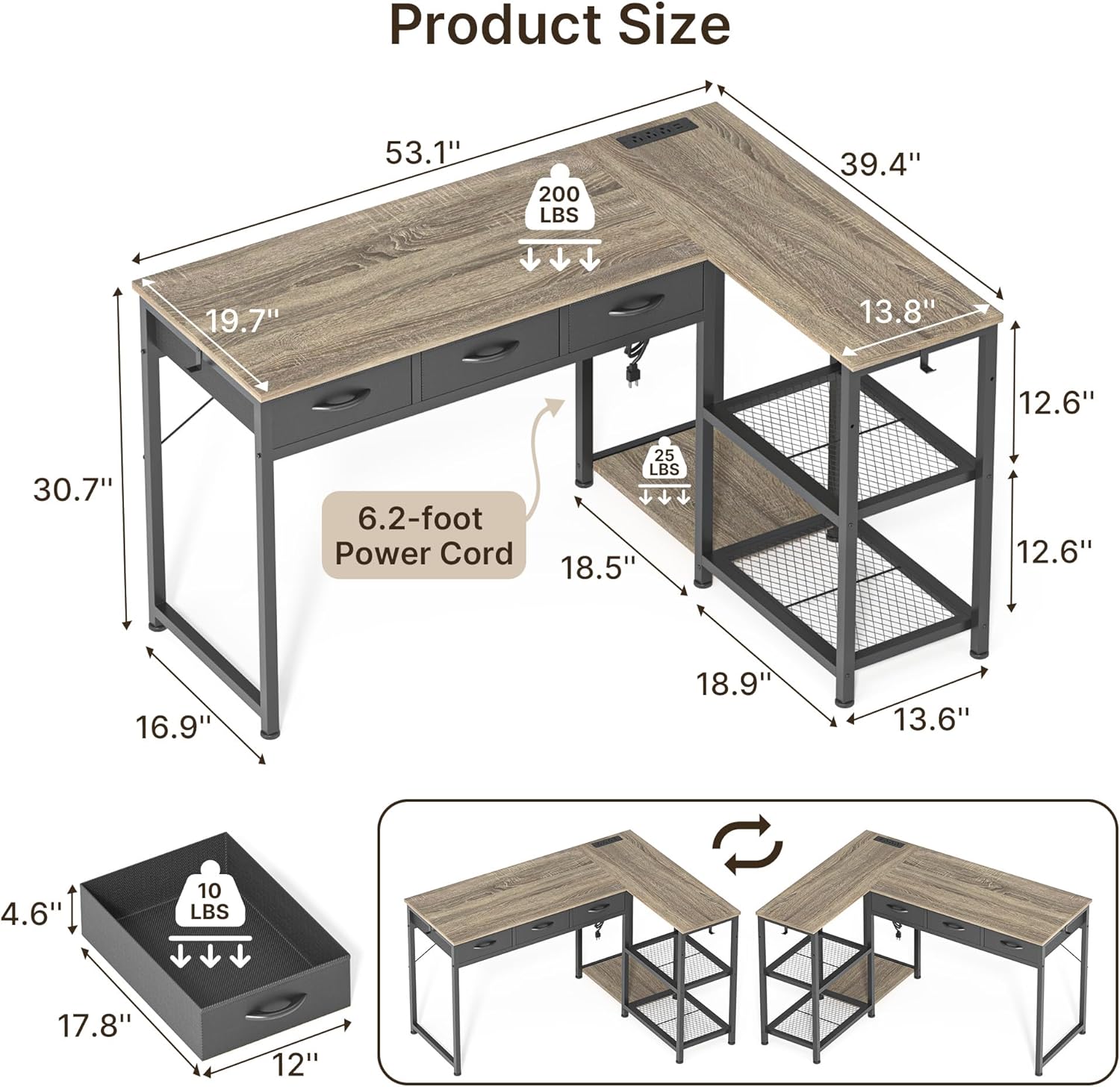 Gizoon 53 Inch L Shaped Computer Desk with Drawers, Corner Desk with Power Outlets & Reversible Storage Shelves with CPU Stand and 2 Hooks for Home Office Gaming (Grey)