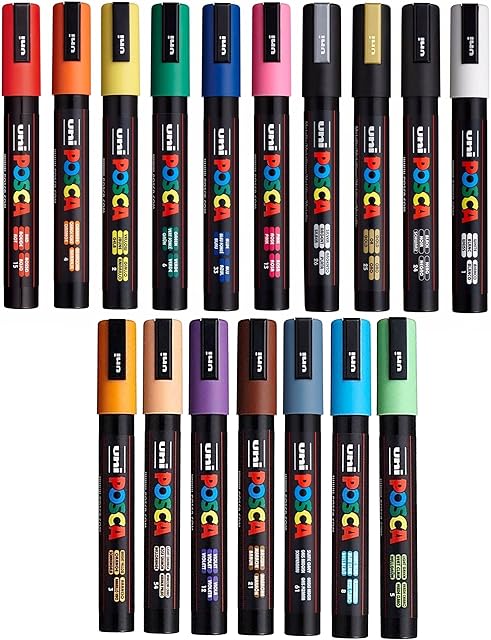 Posca Uni PC-5M Art Paint Marker Pens - 1.8-2.5mm - Set of 17 Colours