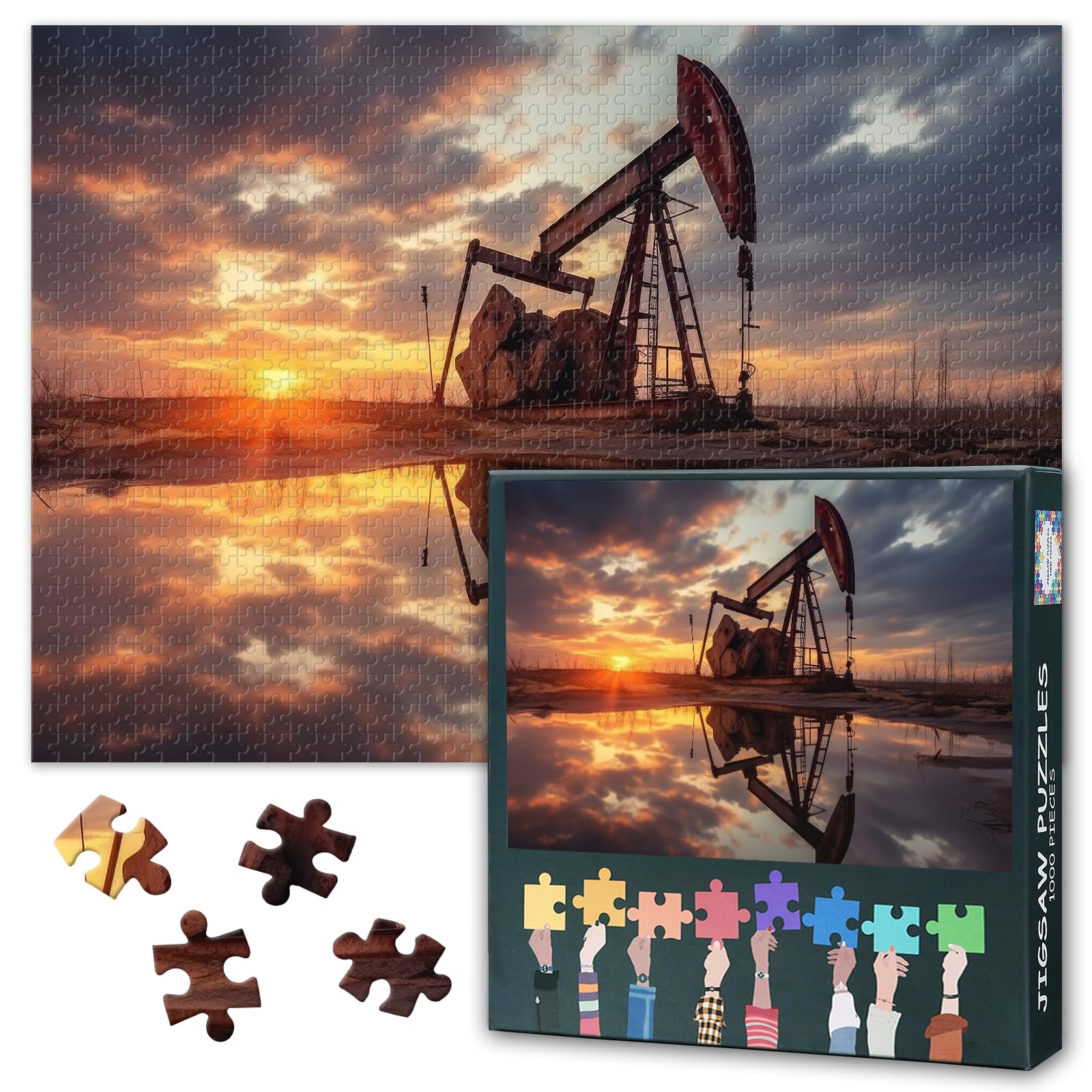 Jigsaw Puzzle 1000 Pieces for Adults Oil Pump and Rig at Sunset Fossil Resources Energy Production Industrial Landscape Wall Art 27.5x19.7 Inch