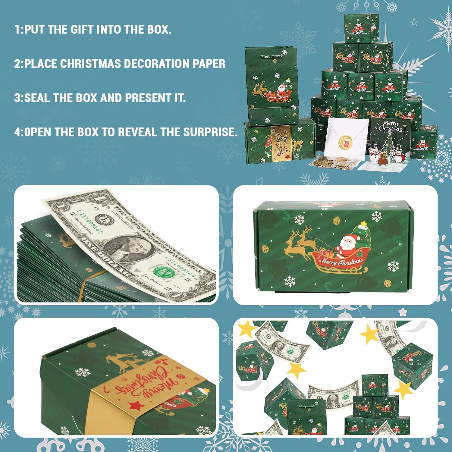 CFGPMM Surprise Explosion Gift Box for Money with Christmas Pop Up Card, 20 Pcs Folding Bouncing Boxes and Gold Silver Confetti, Creative Xmas Gifts for Party Birthday Decor (Green) image 3