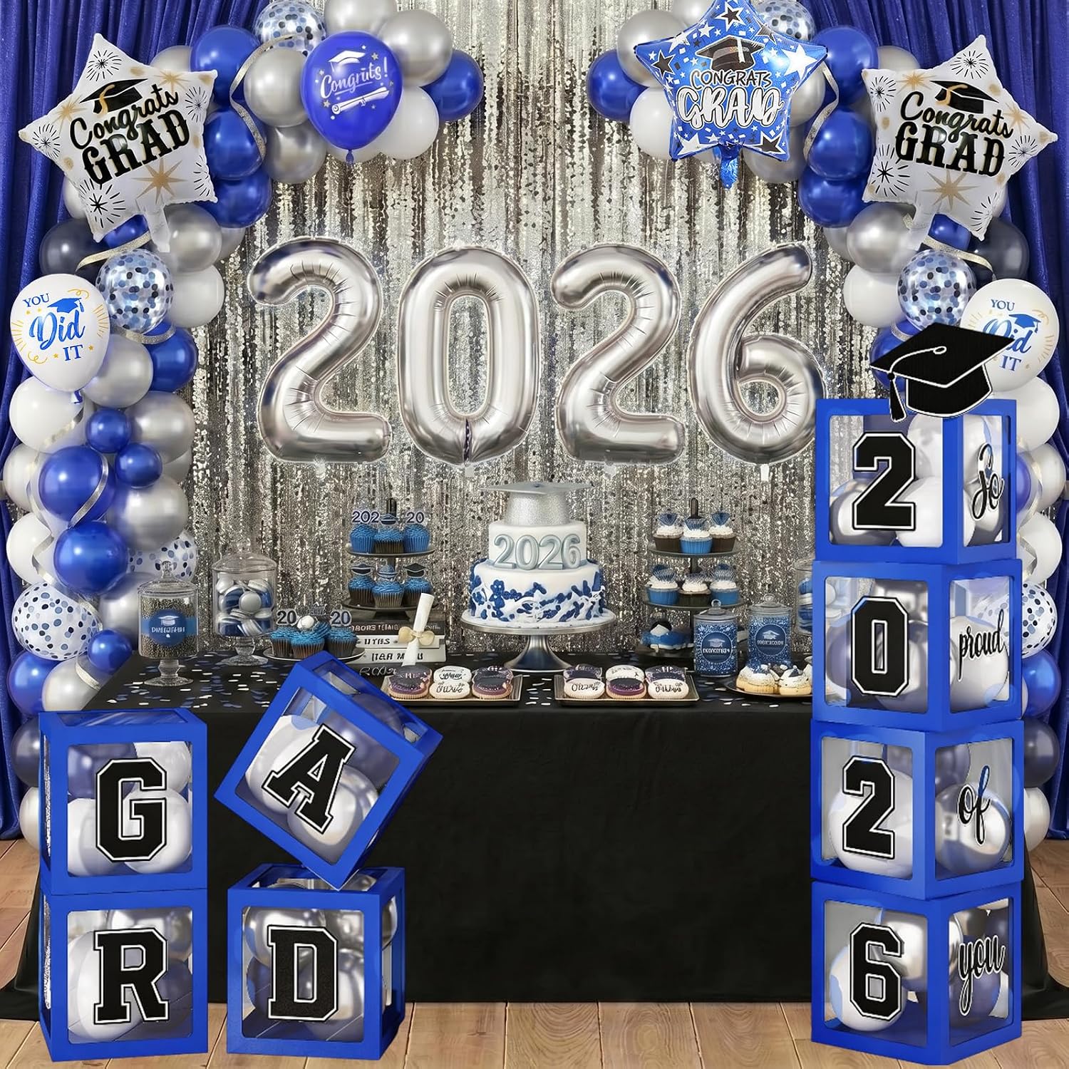 Blue Silver Prom Graduation Balloon Boxes Decorations GRAD So Pround of You Letters with 2026 Number Balloons Star Foil Navy Blue Silver White Balloons Congrats Party Backdrop College Celebrations
